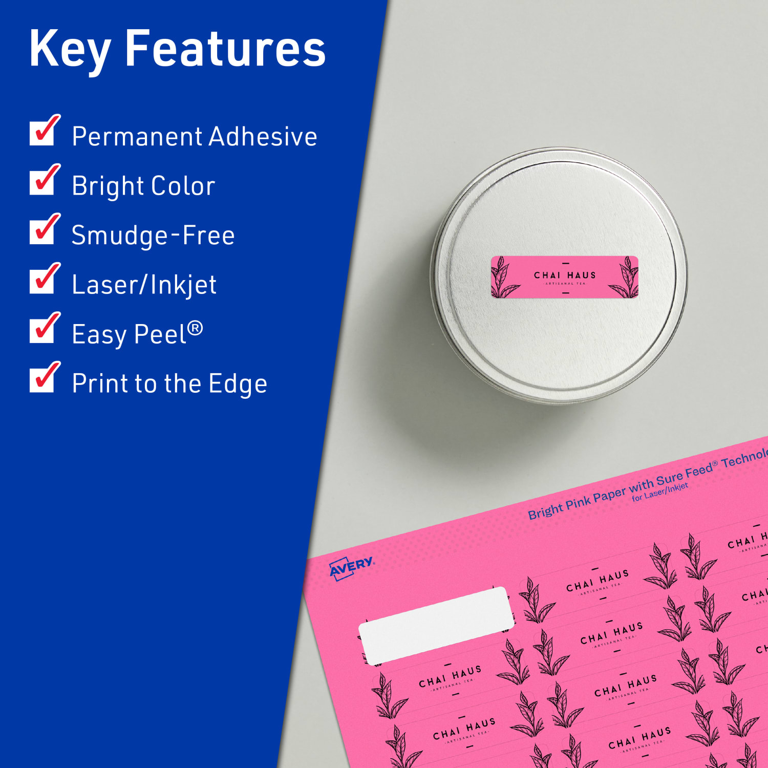 Avery Print-To-The-Edge Labels With Sure Feed Technology And Easy Peel, 94219-BPP10, Rectangle, 1in x 1-1/2in, Matte Bright Pink, Pack of 320 - Image 3
