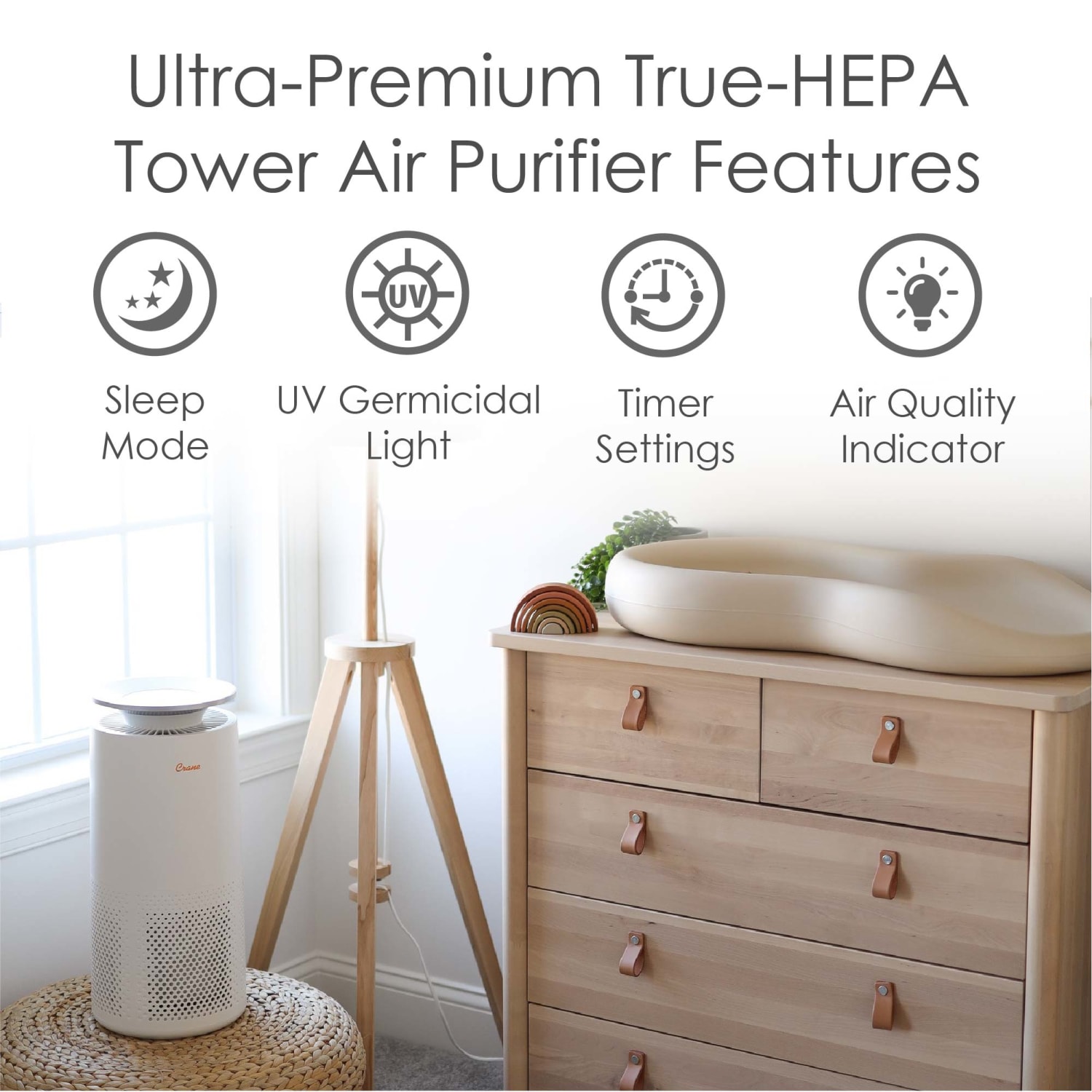 Crane Ultra Premium True HEPA Air Purifier, 500 Sq. Ft. Coverage, 18-3/4in x 9-1/2in - Image 3