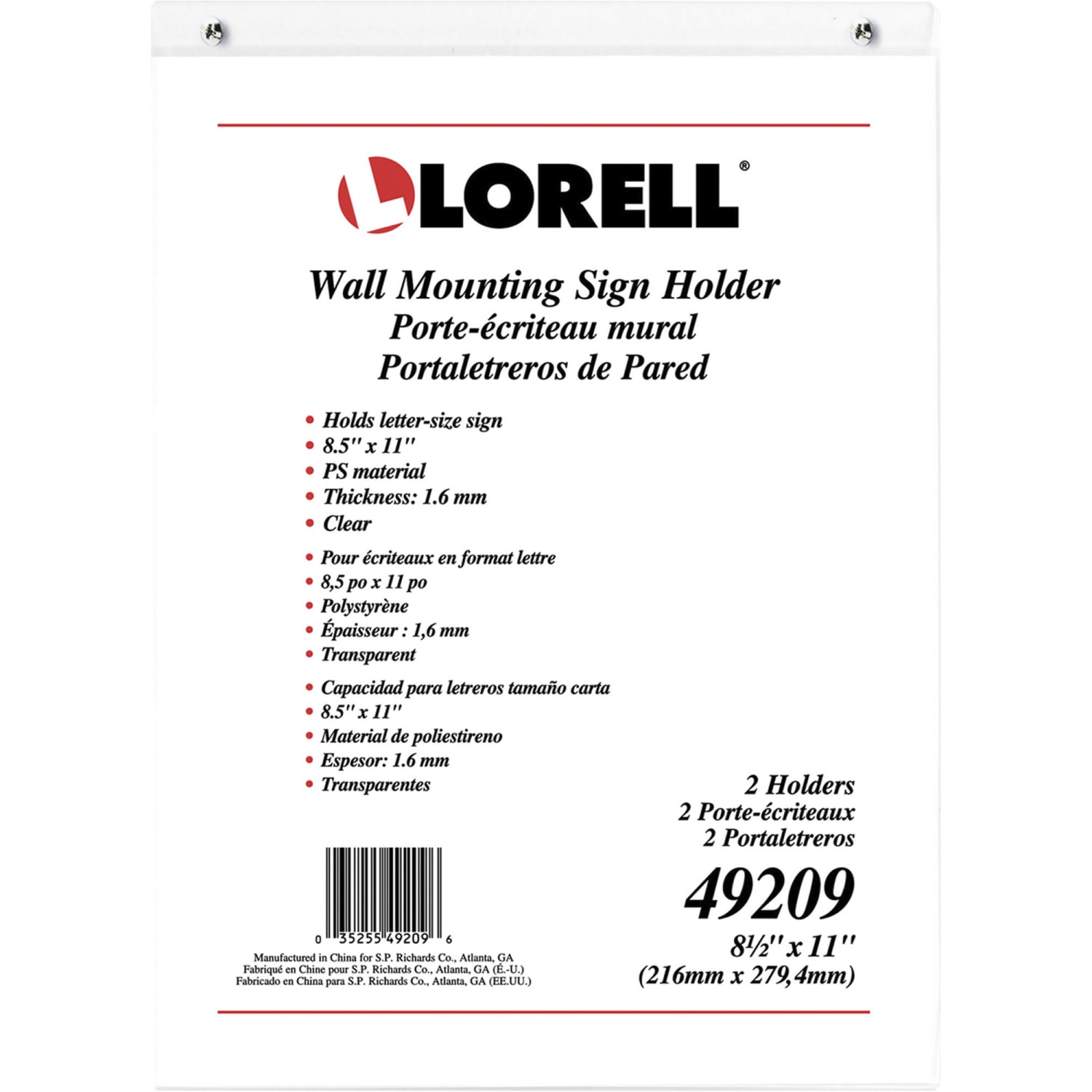 Lorell Wall-Mounted Sign Holder, 8-1/2in x 11in, Clear - Image 3