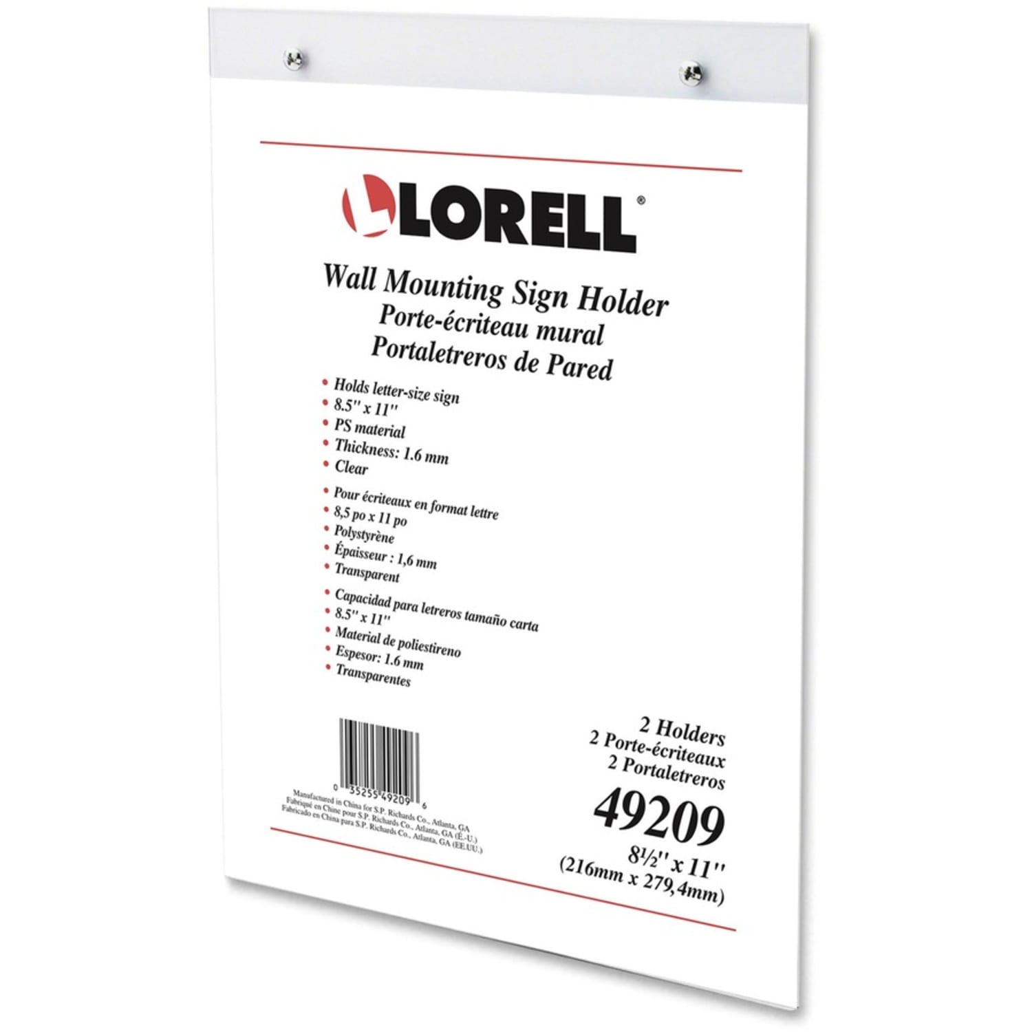 Lorell Wall-Mounted Sign Holder, 8-1/2in x 11in, Clear - Image 4