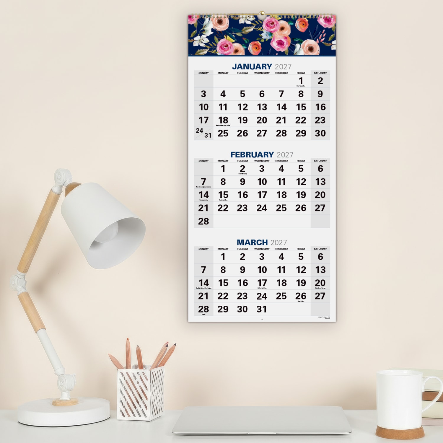 2026-2027 Excello Brands Academic Year Large Print 3-Month View Wall Calendar, 27in x 13in, Navy Floral, April To December, Total Qty 1 - Image 3
