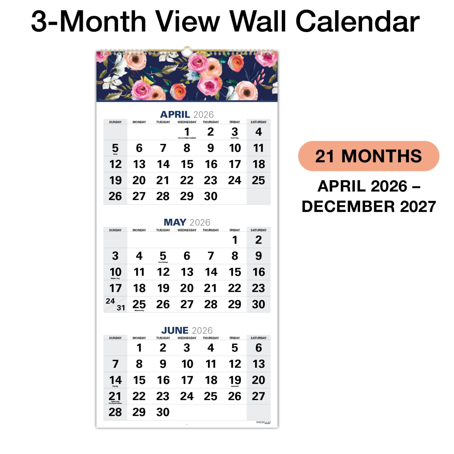 2026-2027 Excello Brands Academic Year Large Print 3-Month View Wall Calendar, 27in x 13in, Navy Floral, April To December, Total Qty 1 - Image 4