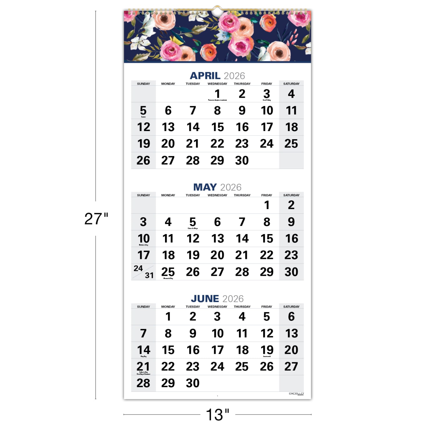2026-2027 Excello Brands Academic Year Large Print 3-Month View Wall Calendar, 27in x 13in, Navy Floral, April To December, Total Qty 1 - Image 5