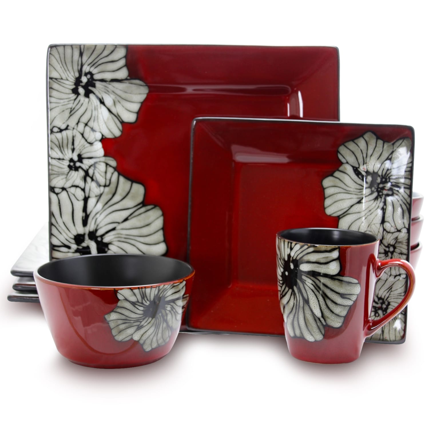 Elama 16-Piece Stoneware Dinnerware Set, Winter Bloom - Image 6
