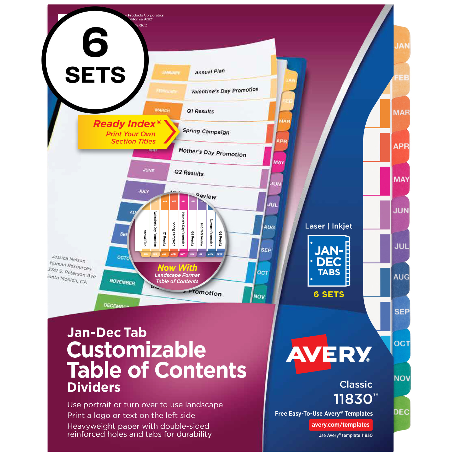 Avery Ready Index Dividers, Jan-Dec Tab & Customizable Table of Contents, 8-1/2in x 11in, Multicolor, 12 Dividers Per Pack, Set Of 6 Packs - Image 3