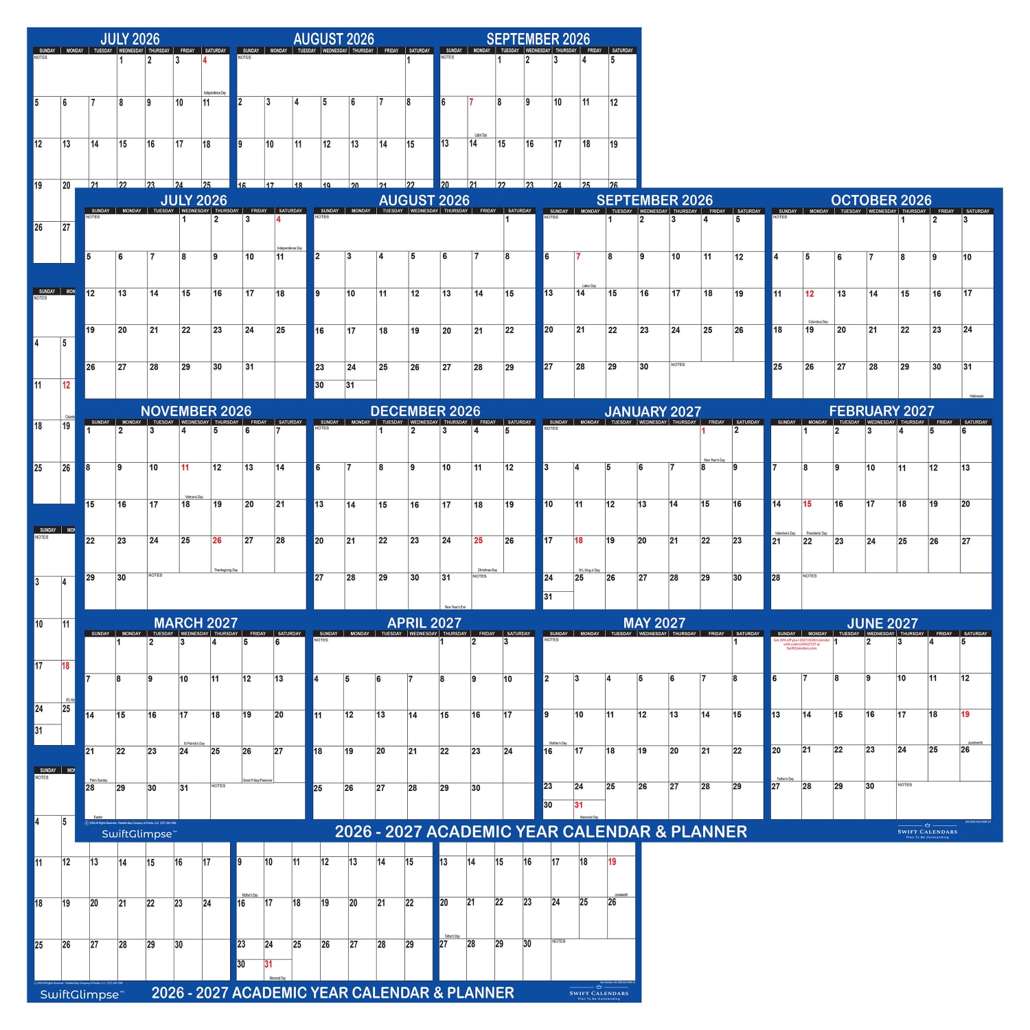 2026-2027 SwiftGlimpse Academic Monthly Wall Calendar, 18in x 24in, Navy/White, July To June, Total Qty 1
