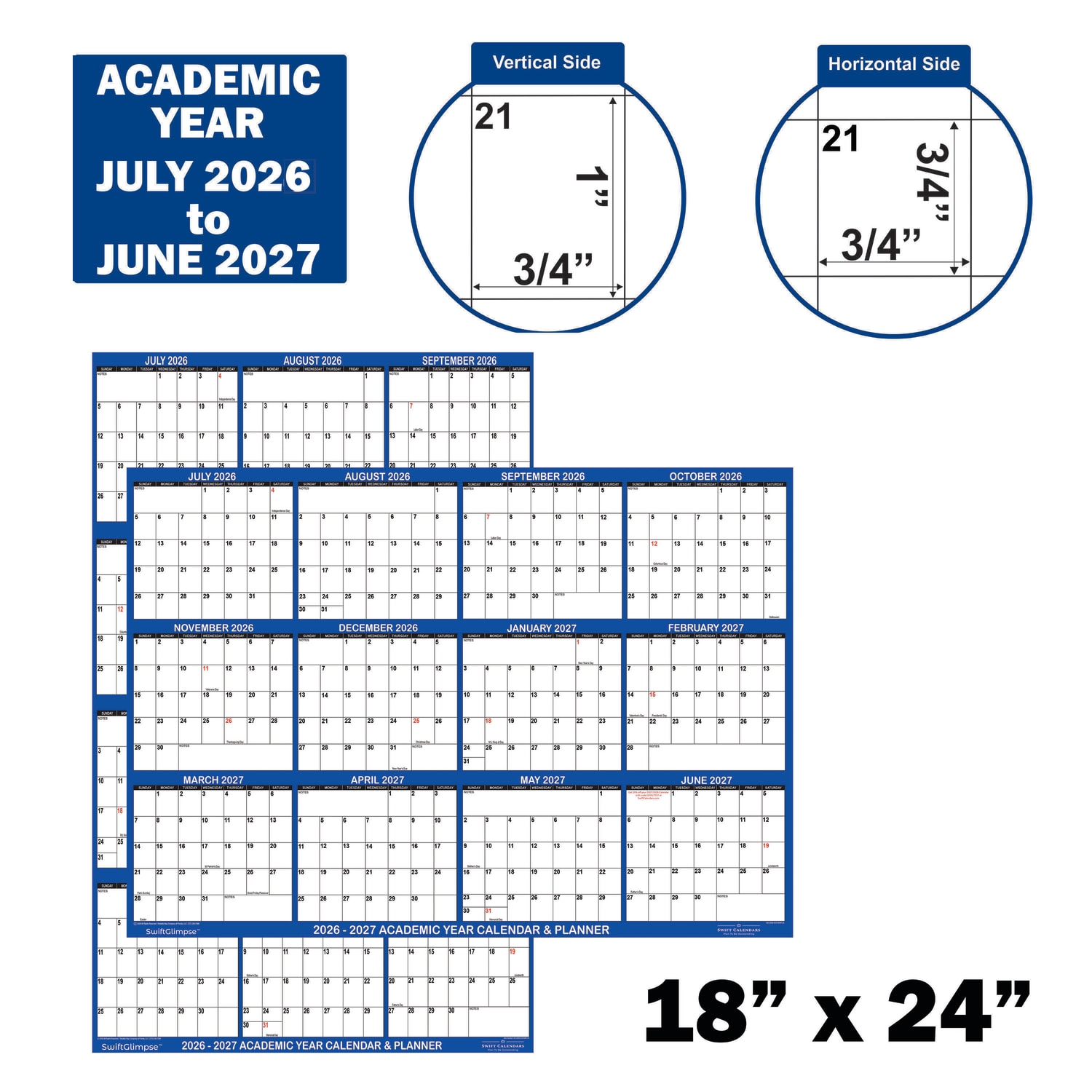 2026-2027 SwiftGlimpse Academic Monthly Wall Calendar, 18in x 24in, Navy/White, July To June, Total Qty 1 - Image 3