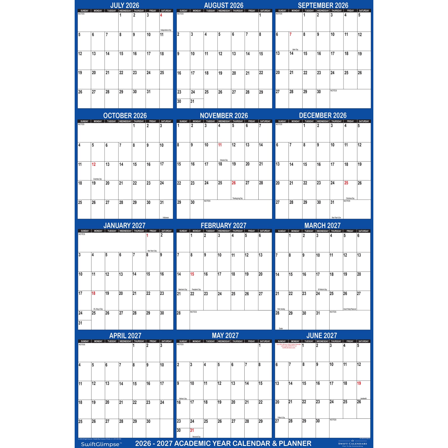 2026-2027 SwiftGlimpse Academic Monthly Wall Calendar, 18in x 24in, Navy/White, July To June, Total Qty 1 - Image 5