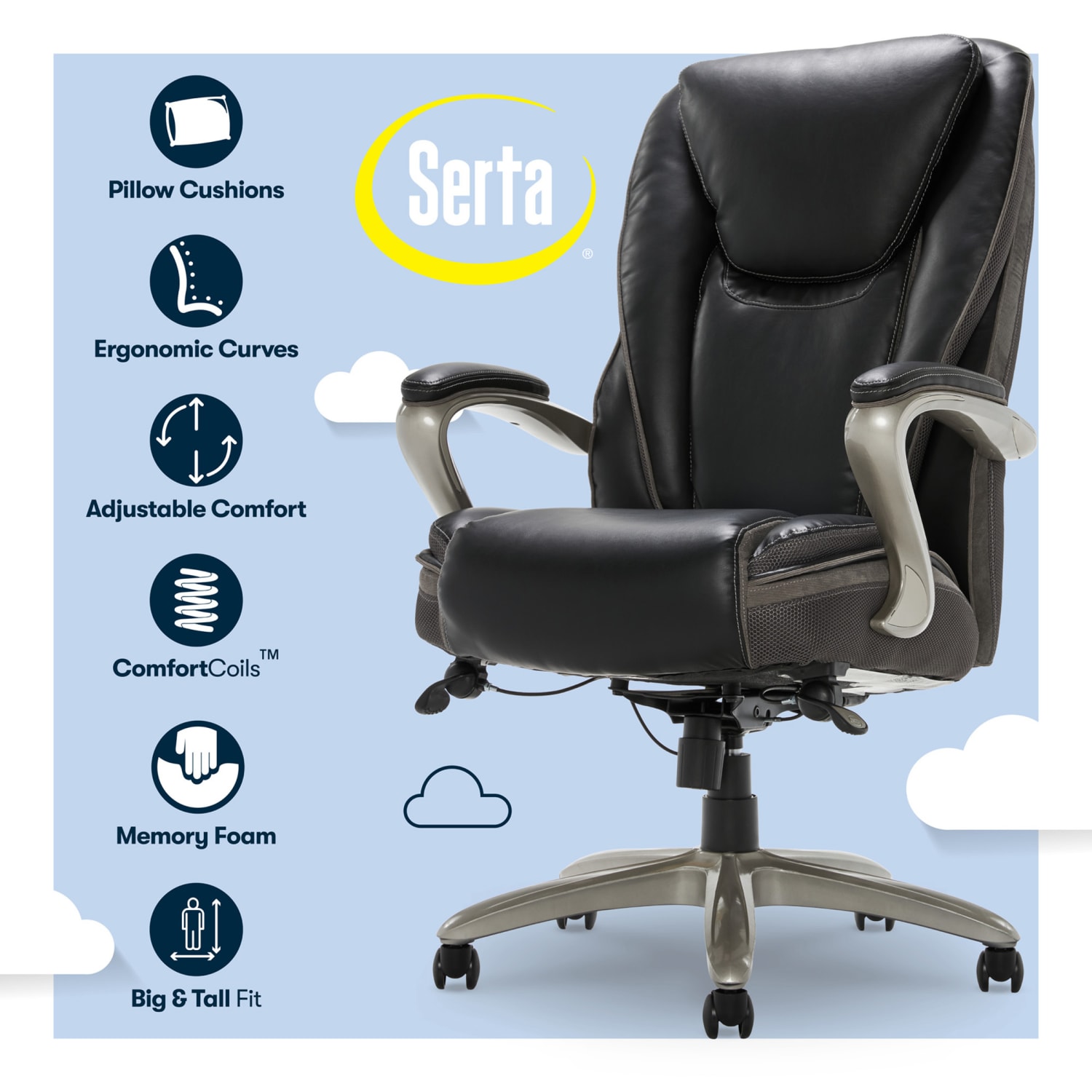 Serta® Smart Layers™ Hensley Big Tall Ergonomic Bonded Leather HighBack Chair BlackSilver PopularChairscom Serta® Smart Layers™ Hensley Big Tall Ergonomic Bonded Leather High Back Chair BlackSilver PopularChairscom