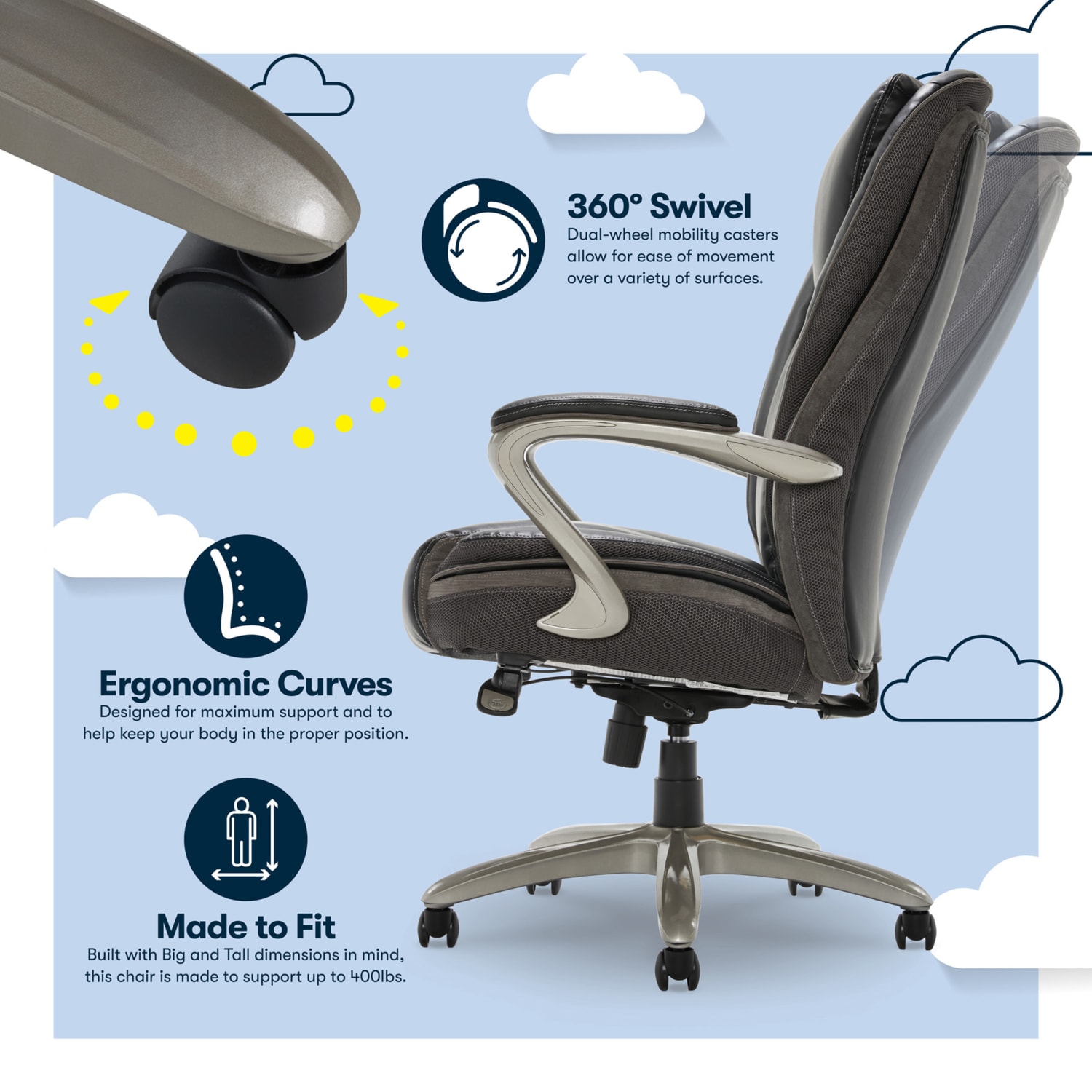Serta® Smart Layers™ Hensley Big Tall Ergonomic Bonded Leather HighBack Chair BlackSilver PopularChairscom Serta® Smart Layers™ Hensley Big Tall Ergonomic Bonded Leather High Back Chair BlackSilver PopularChairscom
