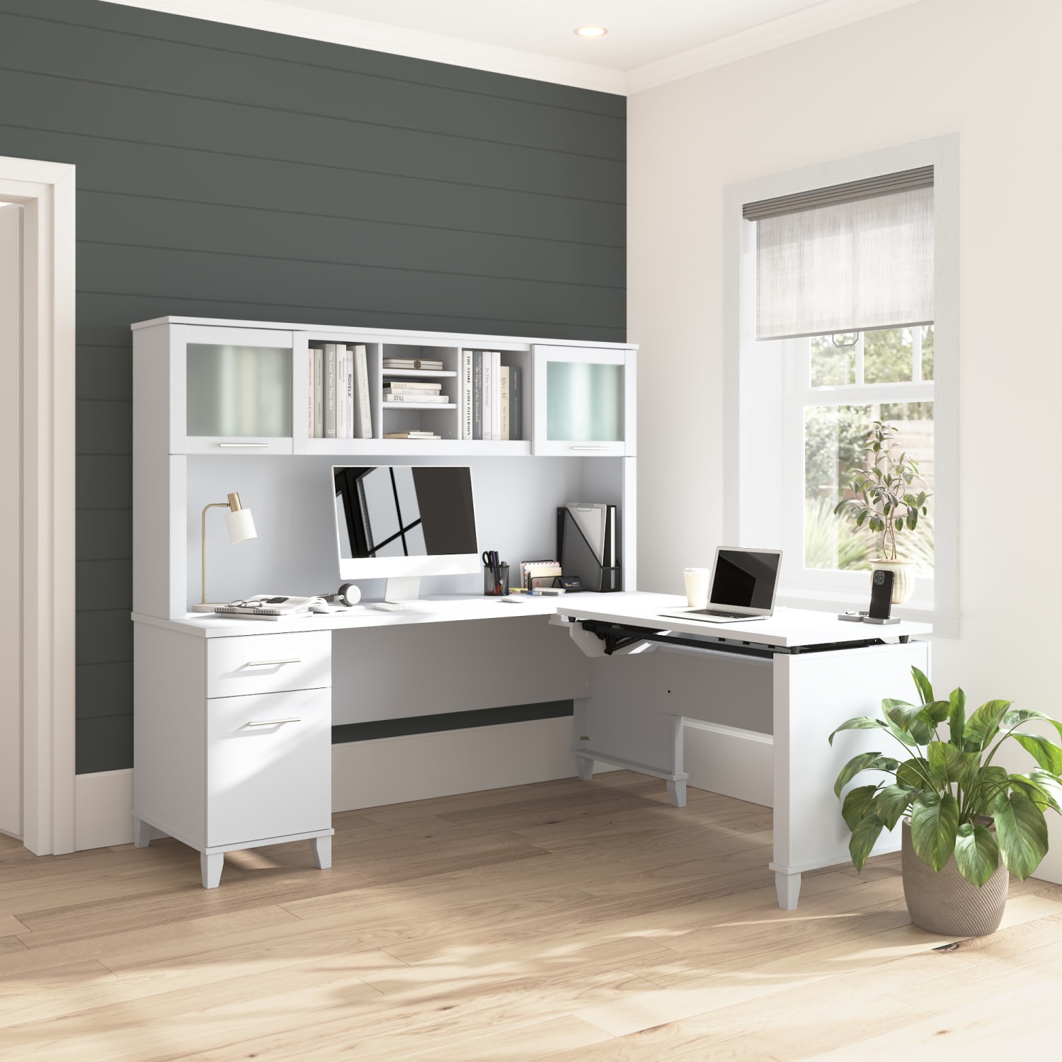 Bush Furniture Somerset 72inW 3-Position Sit-To-Stand L-Shaped Desk With Hutch, White, Standard Delivery