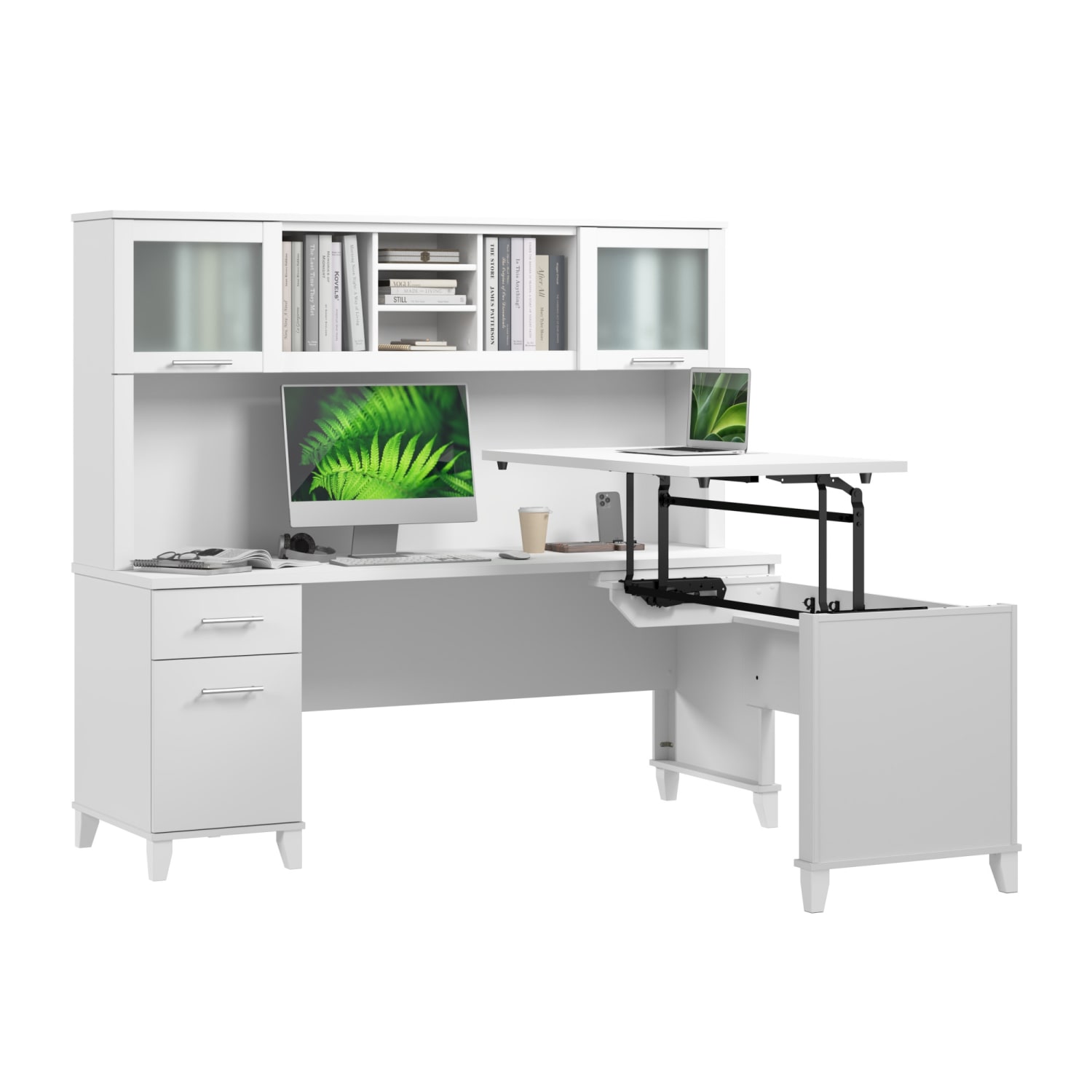 Bush Furniture Somerset 72inW 3-Position Sit-To-Stand L-Shaped Desk With Hutch, White, Standard Delivery - Image 3