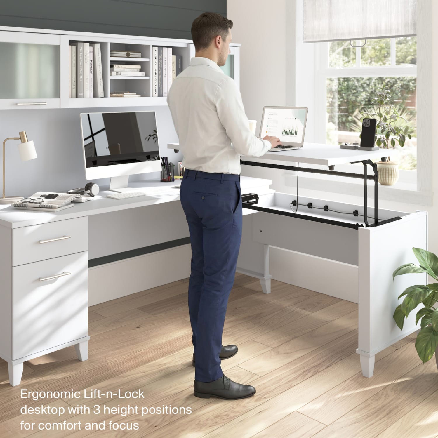 Bush Furniture Somerset 72inW 3-Position Sit-To-Stand L-Shaped Desk With Hutch, White, Standard Delivery - Image 4