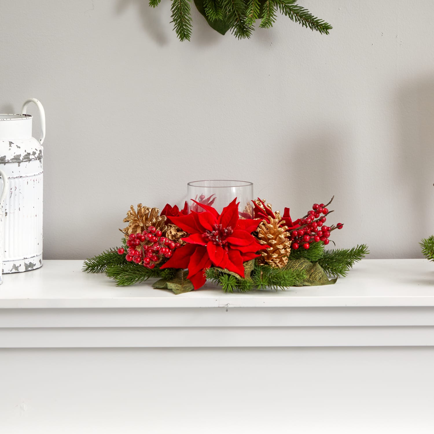 Nearly Natural 14inH Poinsettia, Berry And Golden Pine Cone Candelabrum Artificial Arrangement, 14inH x 14inW x 6inD, Clear/Red - Image 4