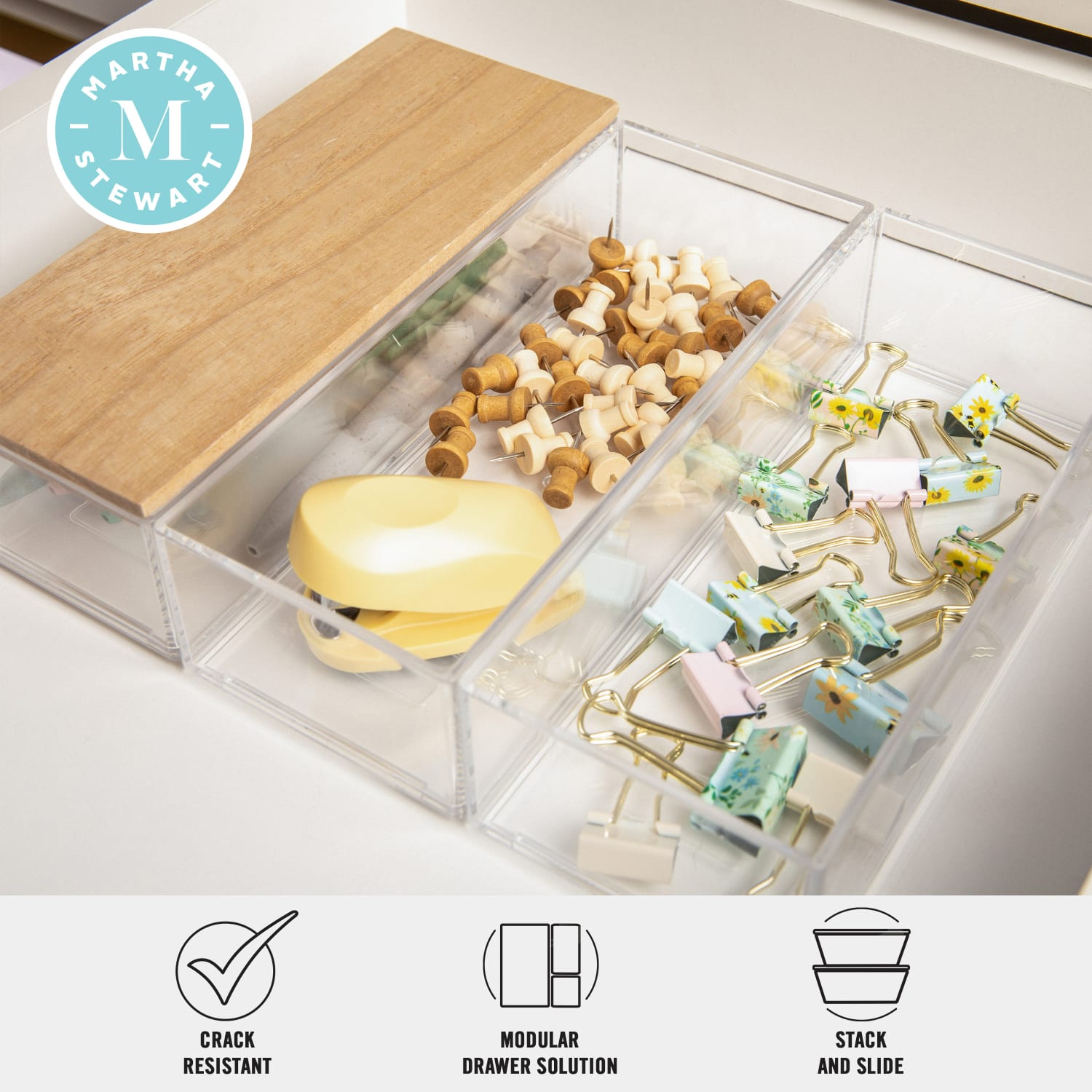 Martha Stewart Brody Plastic Storage Organizer Bins With Lids, 2inH x 3inW x 7-1/2inD, Clear/Light Natural, Set Of 3 Bins - Image 4