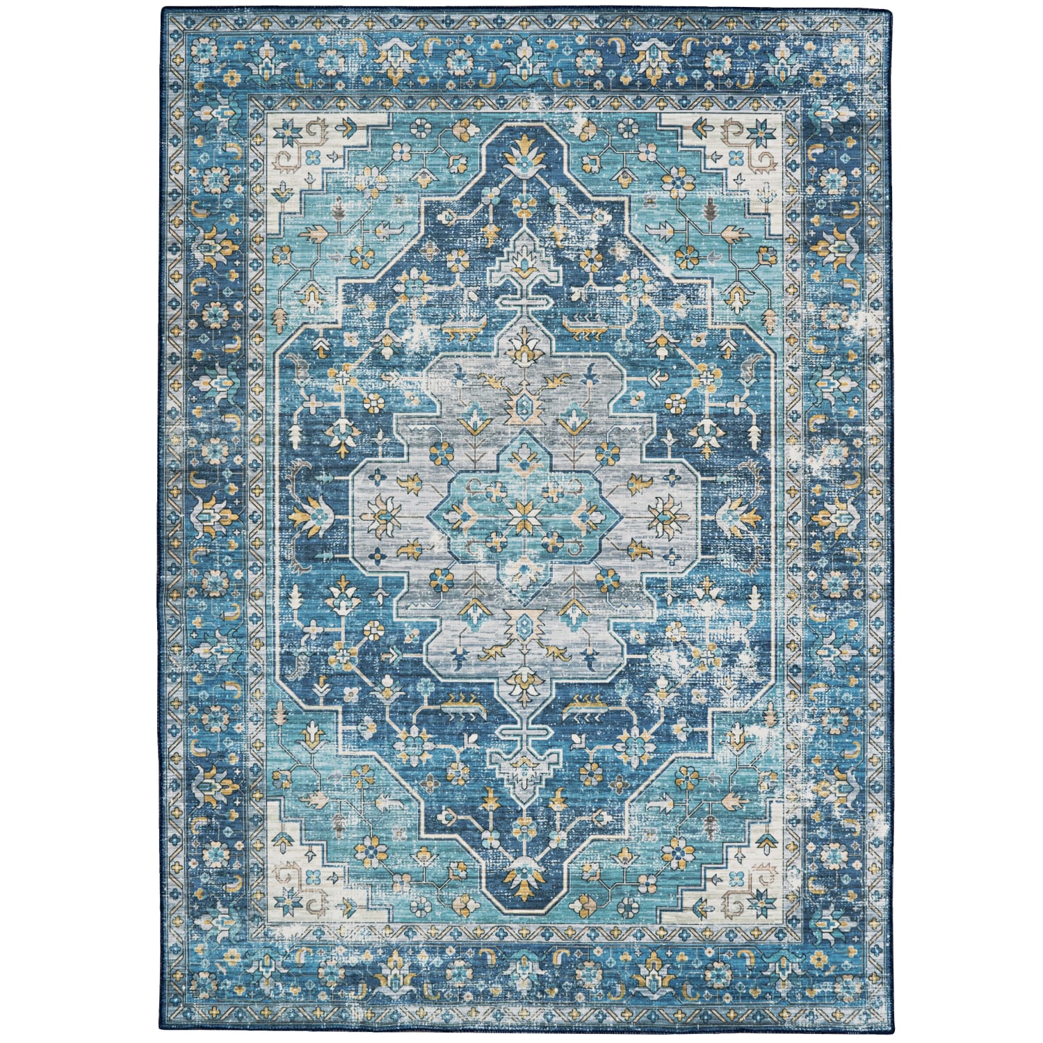 Linon Washable Area Rug, 5ft x 7ft, Nimue Teal/Ivory - Image 3