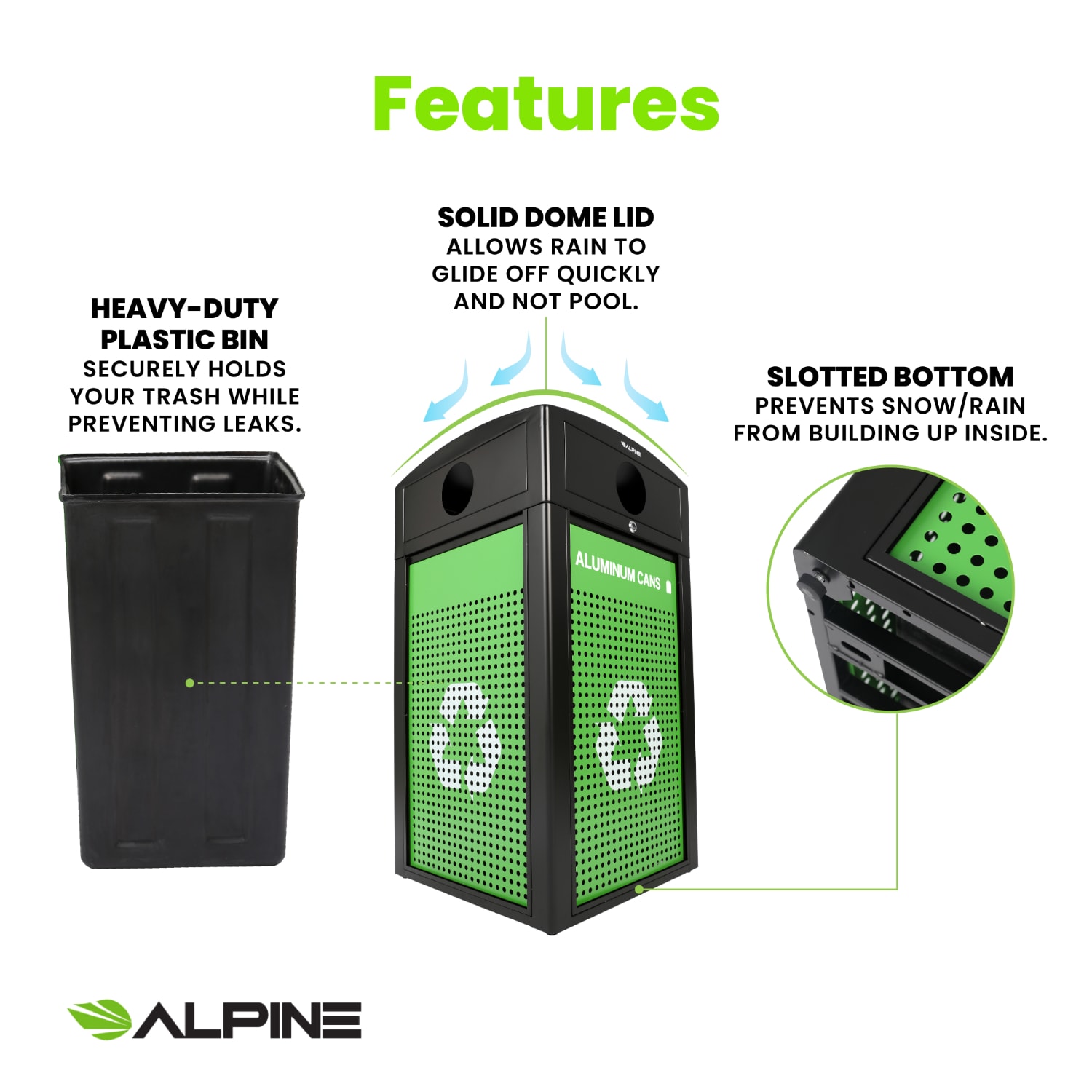 Alpine Industries Steel, Indoor/Outdoor Trash Can, 40 Gallons, Green, 2/Pack (471-40-GSCM-MK) - Image 6