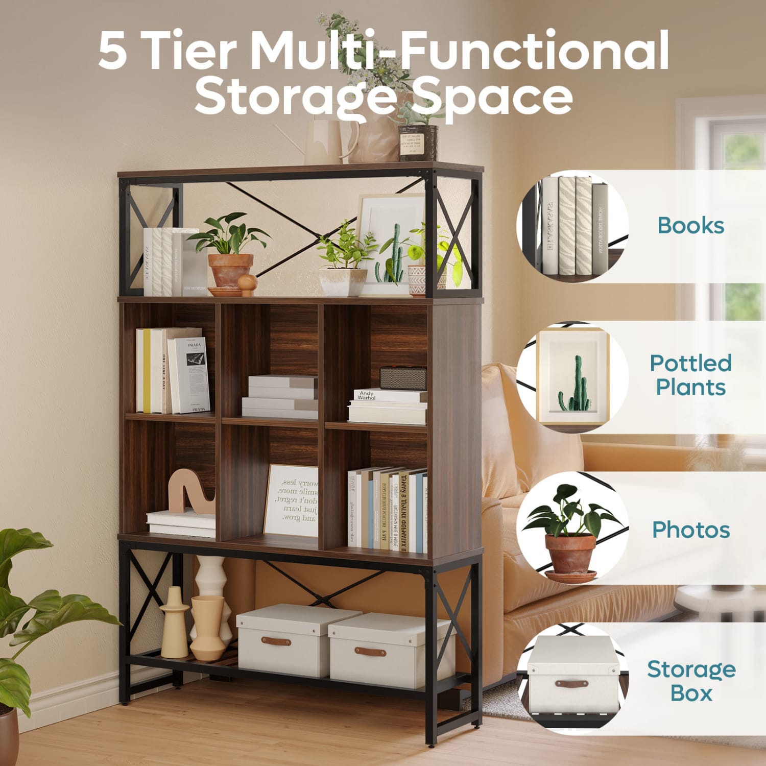 Bestier 65inH 5-Shelf/6-Cube Bookcase With LED Light, Walnut - Image 4