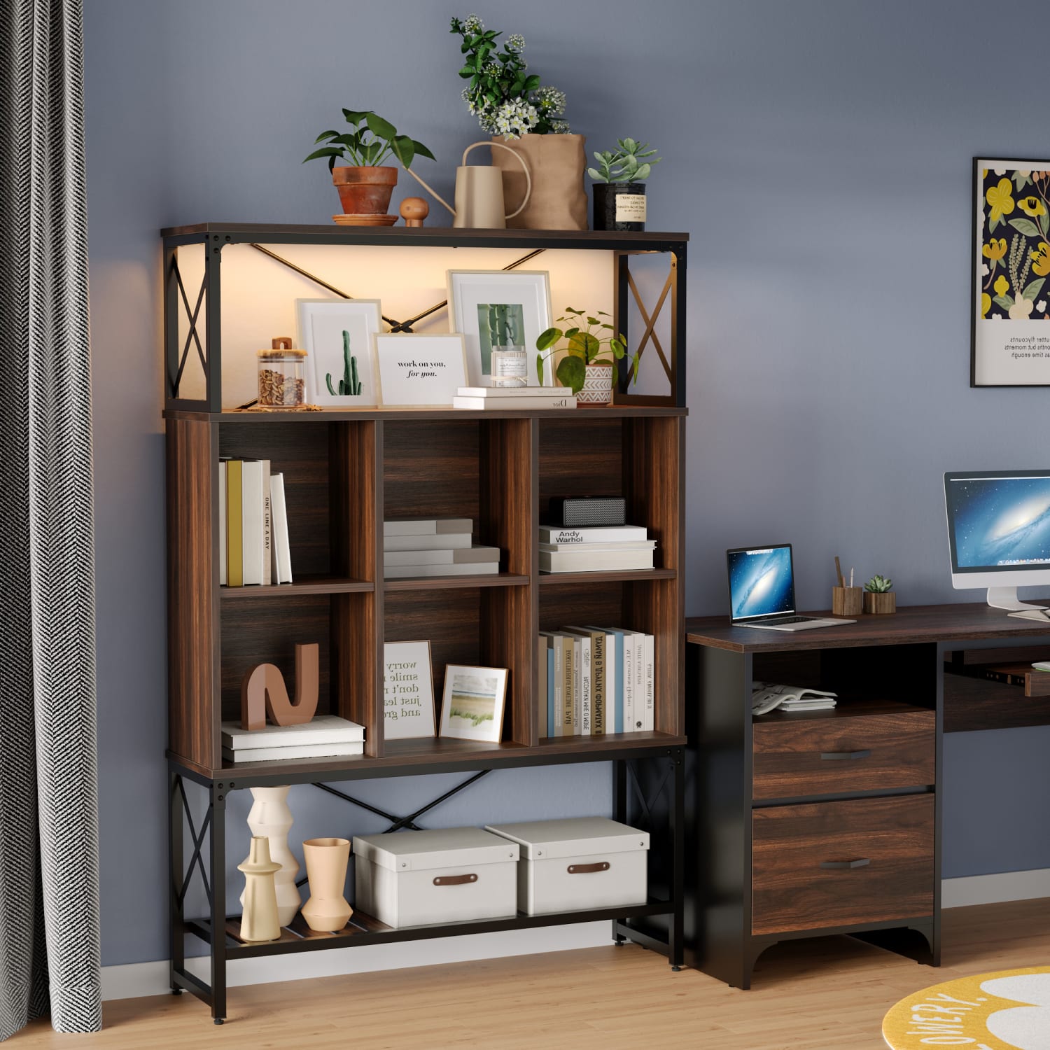 Bestier 65inH 5-Shelf/6-Cube Bookcase With LED Light, Walnut - Image 5