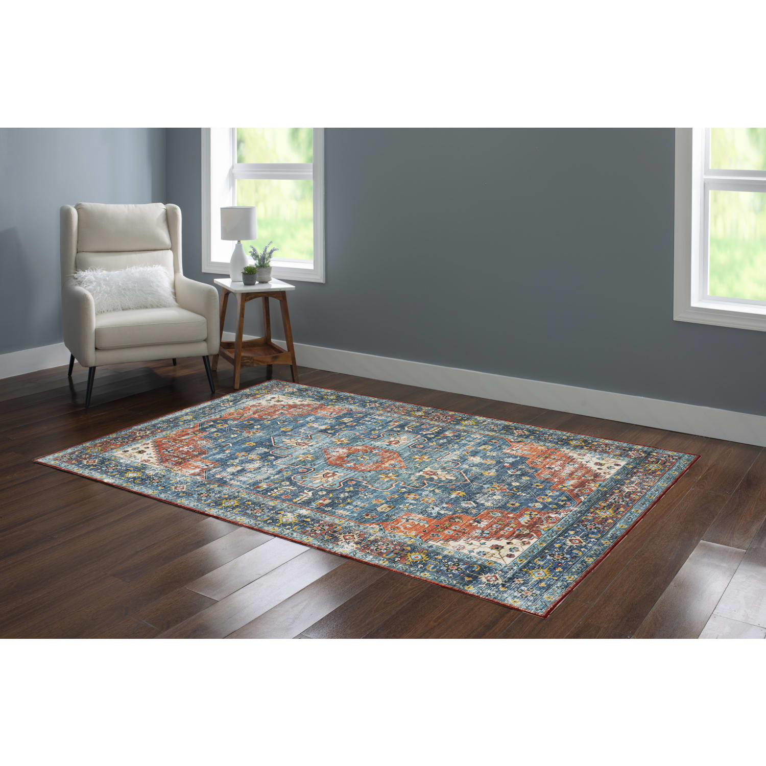 Linon Washable Indoor Rug, Julian, 5ft x 7ft, Teal/Rust