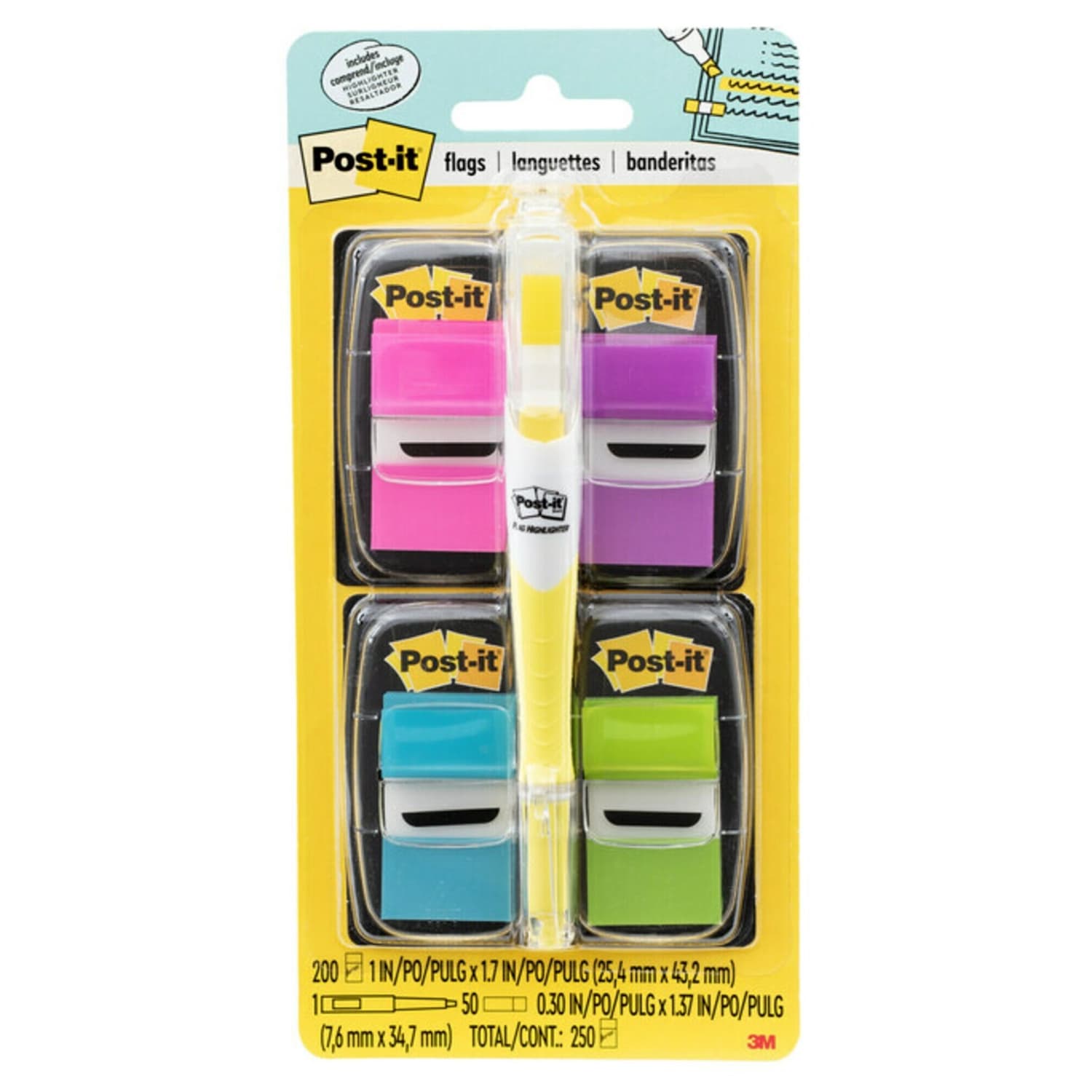 Post-it Flags, 4 Dispensers, 50 Flags/Dispenser, Assorted Bright Colors, School Supplies for Students, Flags for Textbooks and Notebooks