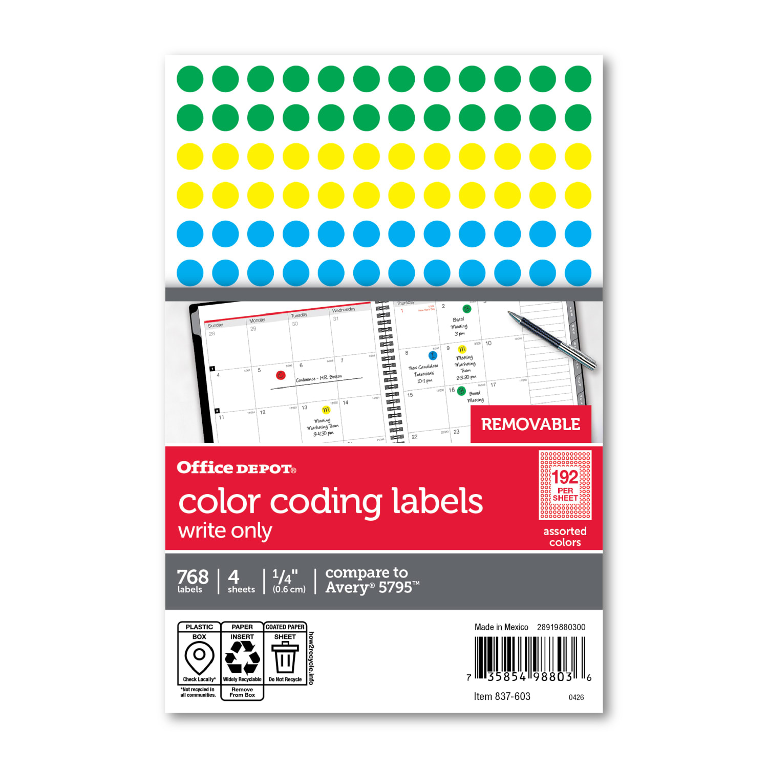Office Depot Brand Removable Round Color-Coding Labels, 1/4in, Multicolor Dots, Pack Of 768