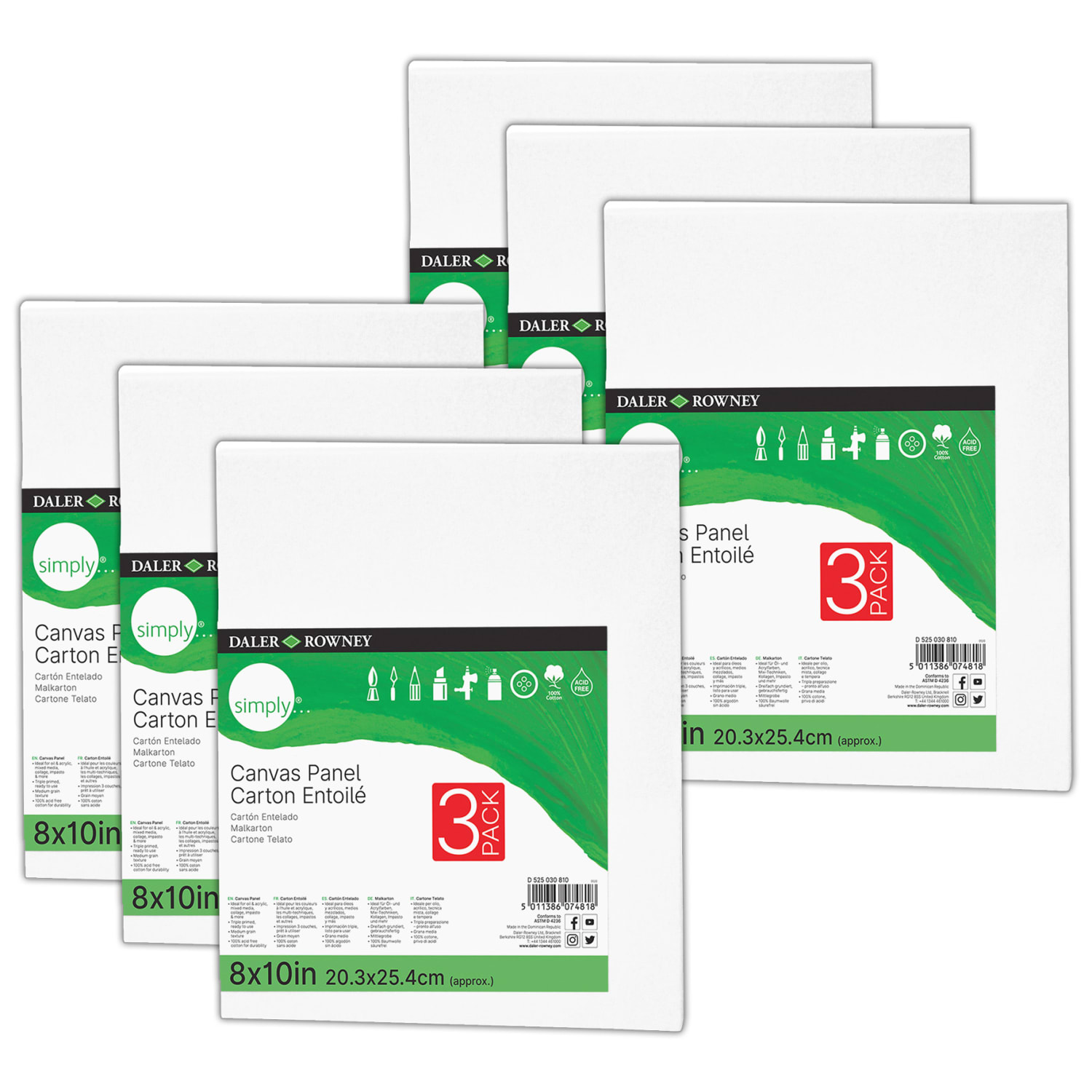 Daler-Rowney Simply White Cotton Canvas Panels, 10inH x 8inW x 3/8inD, White, 3 Panels Per Pack, Bundle Of 6 Packs