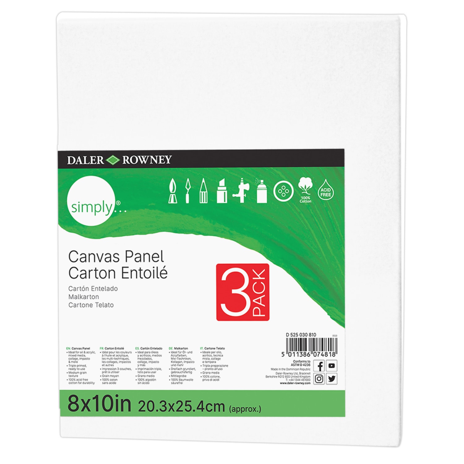 Daler-Rowney Simply White Cotton Canvas Panels, 10inH x 8inW x 3/8inD, White, 3 Panels Per Pack, Bundle Of 6 Packs - Image 3