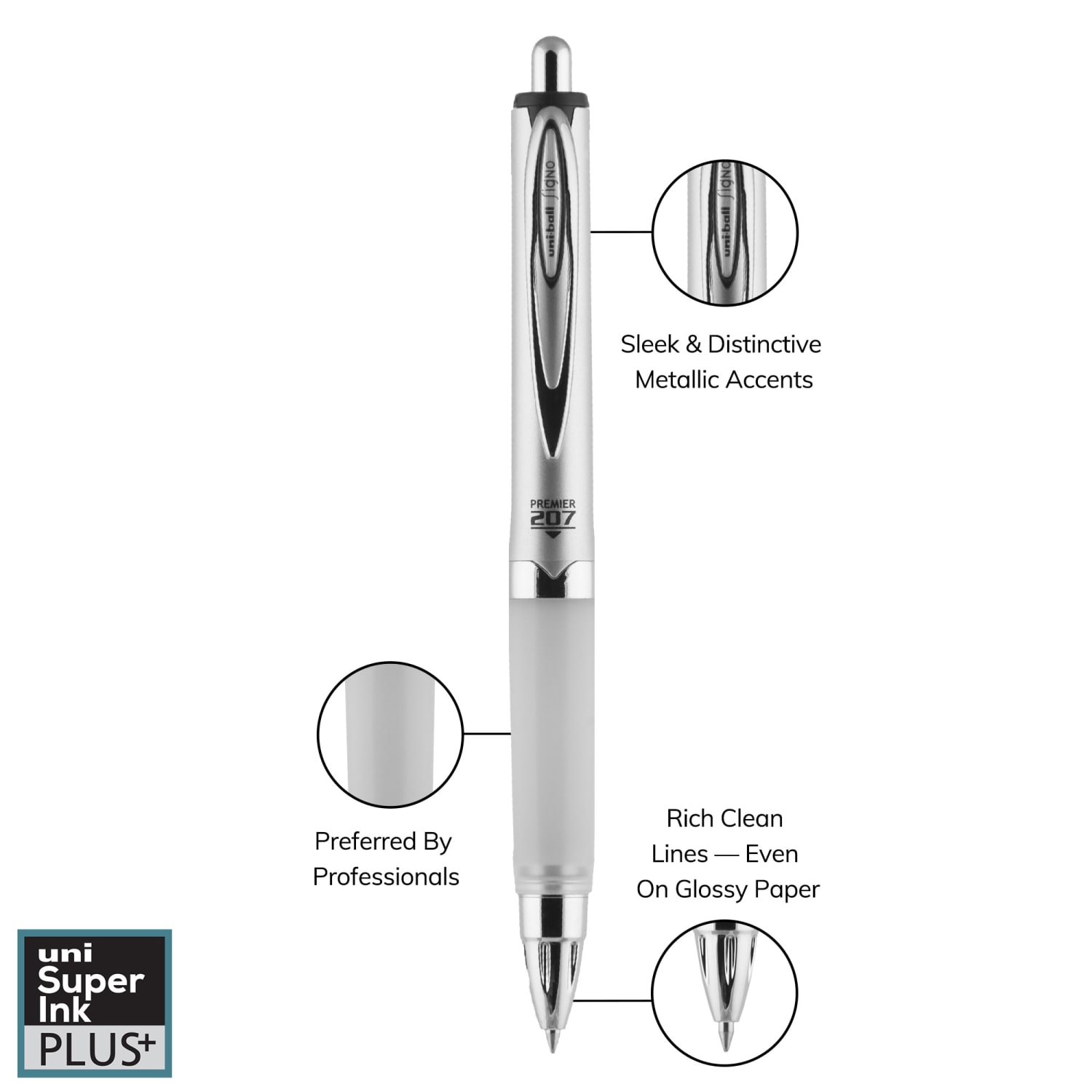 uni-ball 207 Premier Retractable Gel Pen, 0.7 mm, Medium Point, Silver Barrel, Black Ink - Image 4