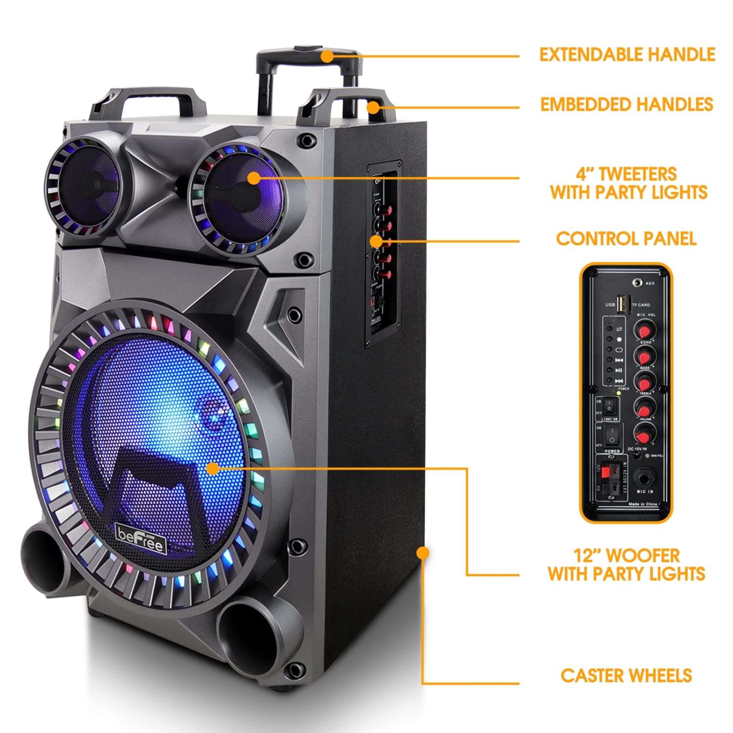 BeFree Sound 60-Watt Rechargeable Bluetooth Wireless Portable Party Speaker With Lights, Black - Image 4