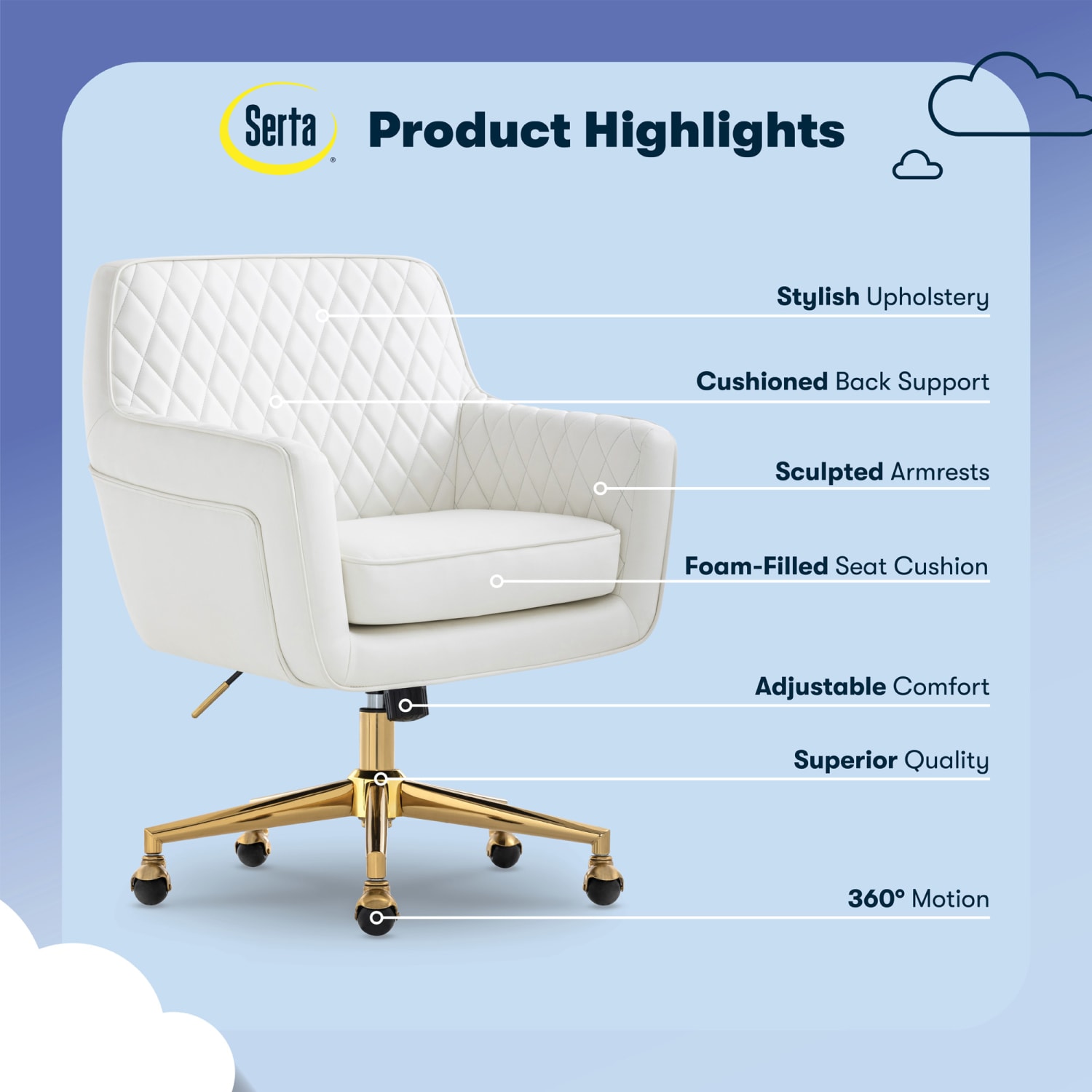 Serta Ashleigh Ergonomic Bonded Leather Mid-Back Modern Office Chair, White - Image 5