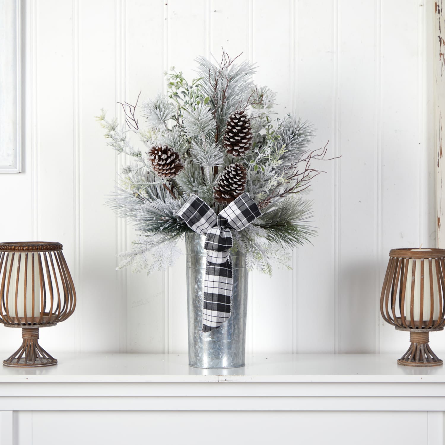 Nearly Natural 28inH Frosted Greenery And Pine Cone Artificial Christmas Arrangement With Plaid Bow And Decorative Tin, 28inH x 13inW x 10inD, Silver - Image 3