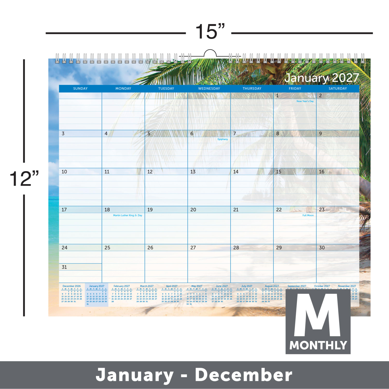 2027 Office Depot Brand Monthly Wall Calendar, 15in x 12in, Paradise, January to December - Image 3