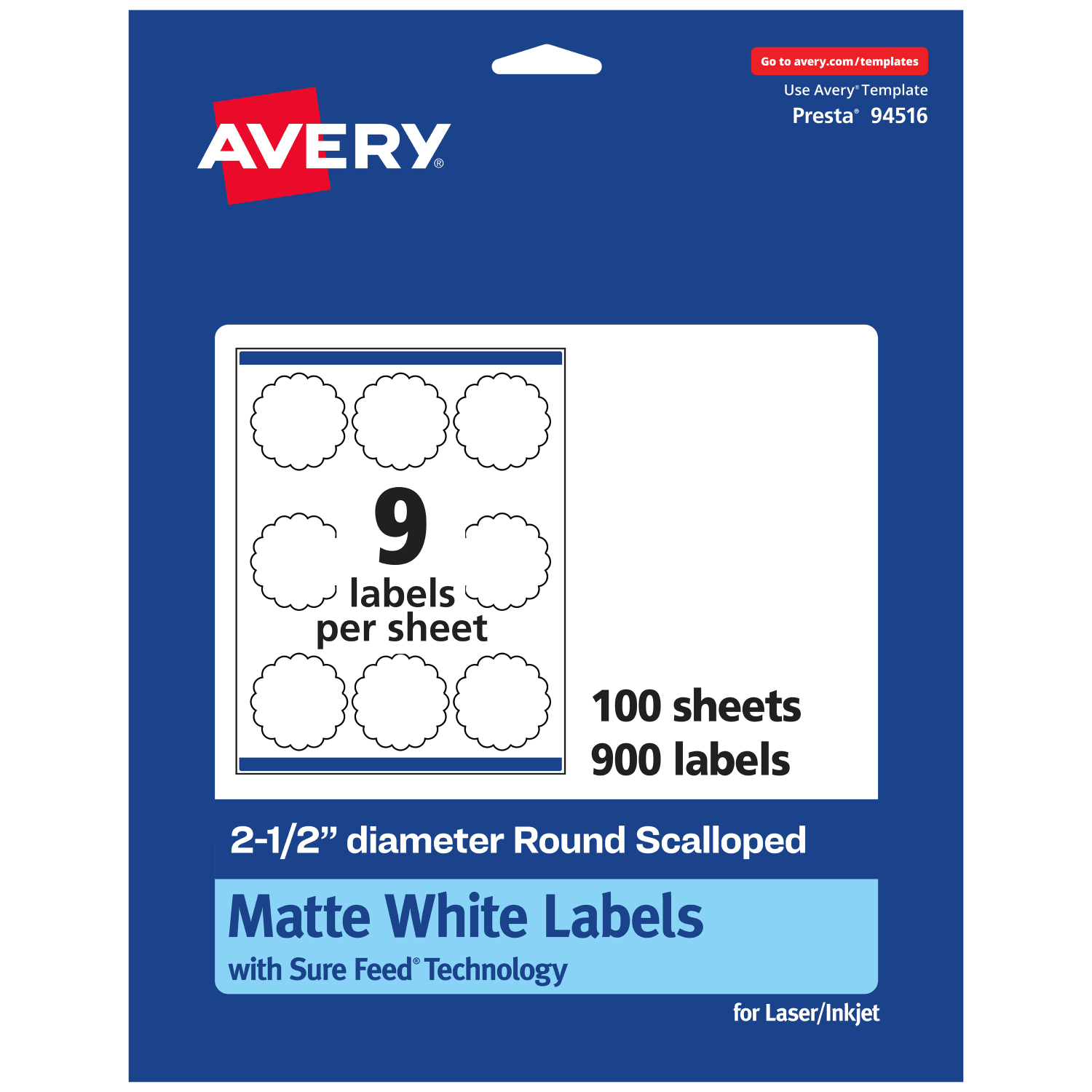 Avery Permanent Labels With Sure Feed, 94516-WMP100, Round Scalloped, 2-1/2in Diameter, White, Pack Of 900