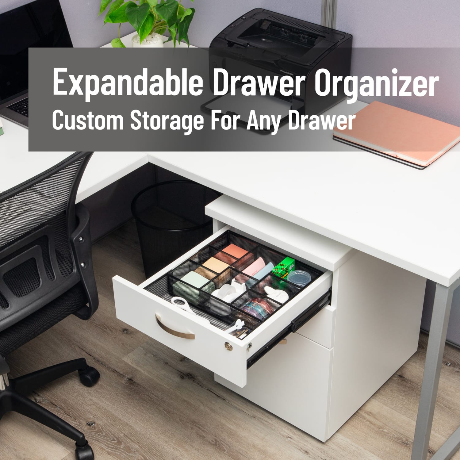 Mind Reader Expandable Mesh Desk Drawer Organizer, 2-3/4inH x 12inW x 17-1/8inD, Black, Total Qty 1 - Image 4