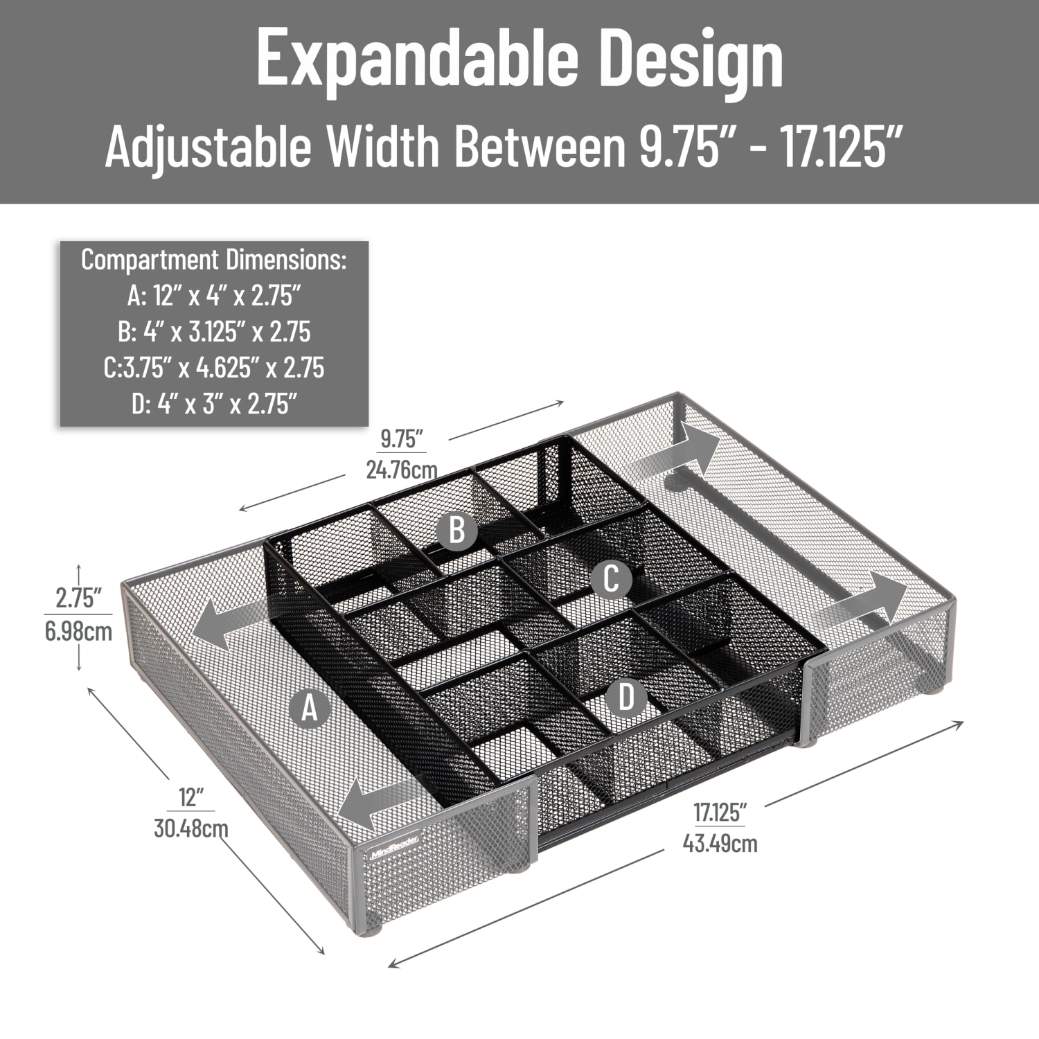Mind Reader Expandable Mesh Desk Drawer Organizer, 2-3/4inH x 12inW x 17-1/8inD, Black, Total Qty 1 - Image 5