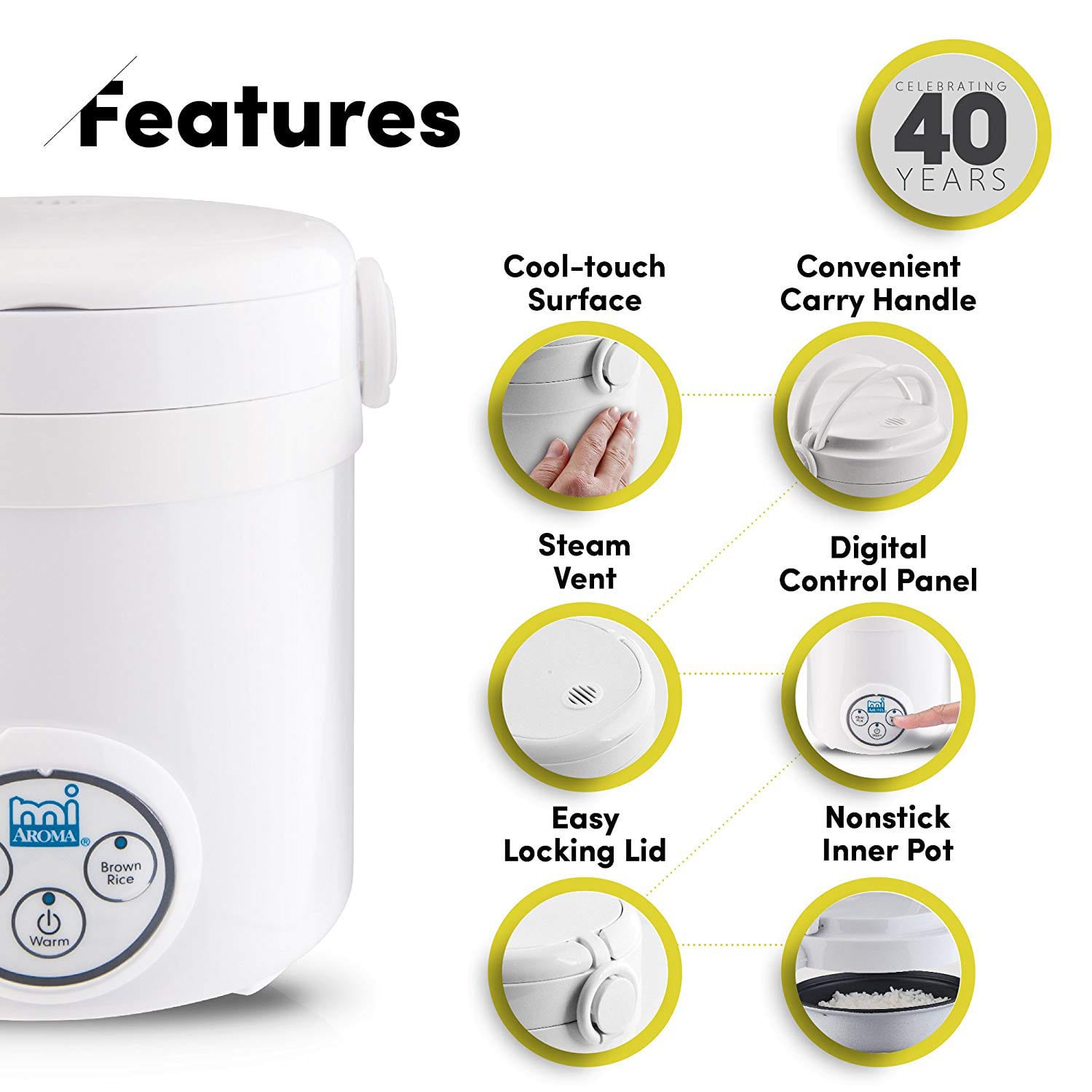 Aroma MRC-903D 3-Cup Digital Cool Touch Rice Cooker, 8inH x 7-1/2inW x 7-1/2inD, White - Image 3