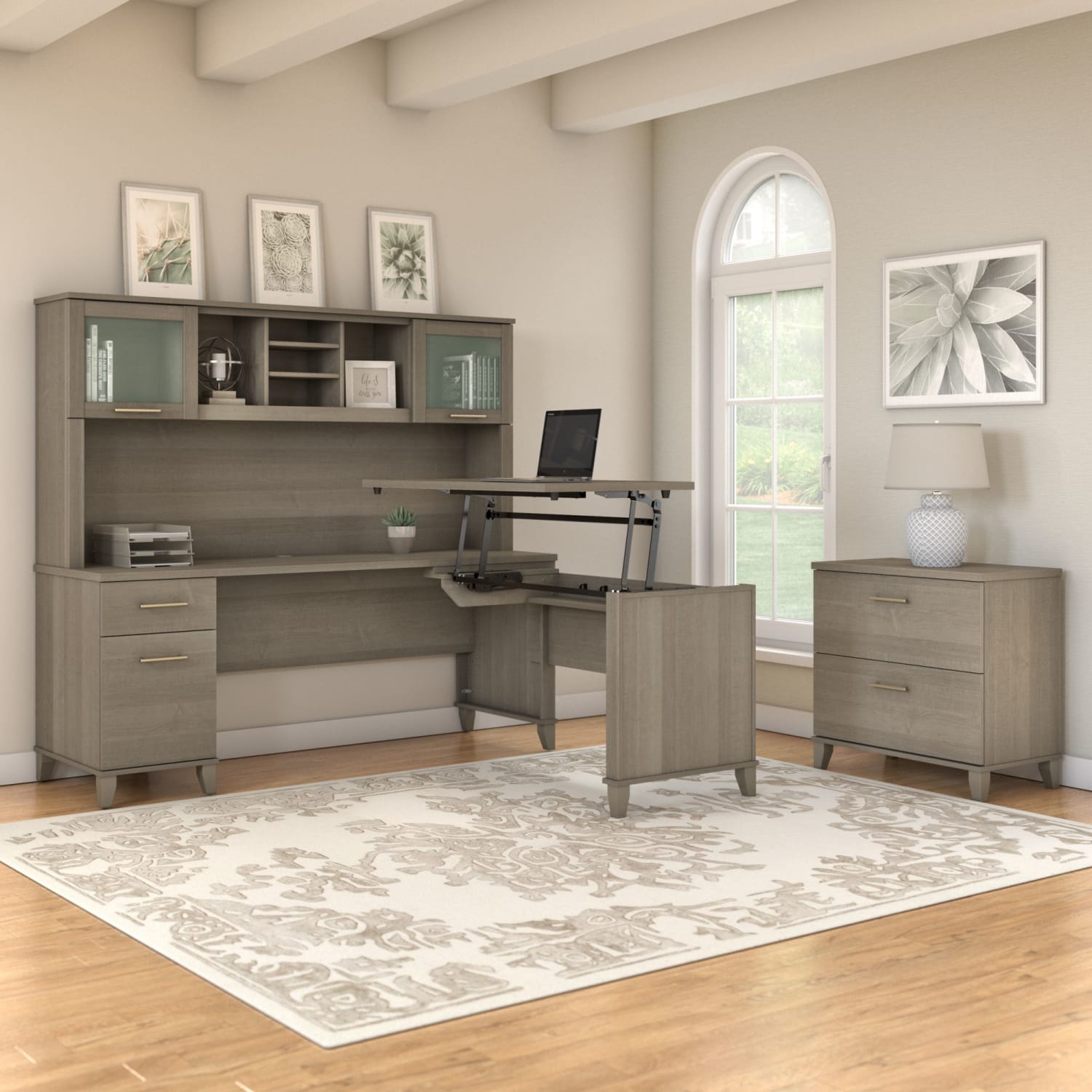 Bush Furniture Somerset 72inW 3 Position Sit to Stand L Shaped Desk With Hutch And File Cabinet, Ash Gray, Standard Delivery - Image 3