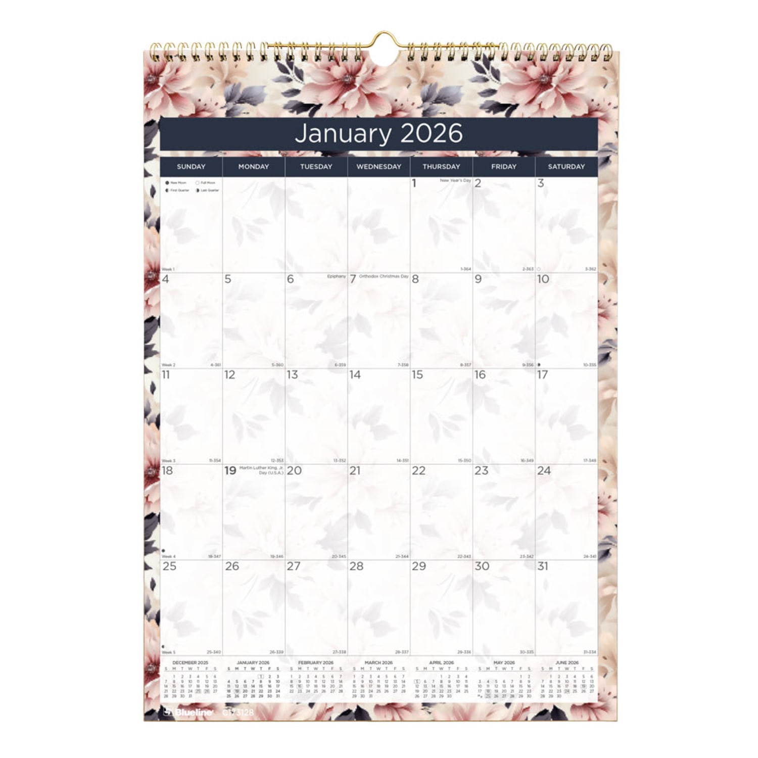 2026 Blueline Colorful Monthly Wall Calendar, 12in x 17in, Floral, January To December, C173128