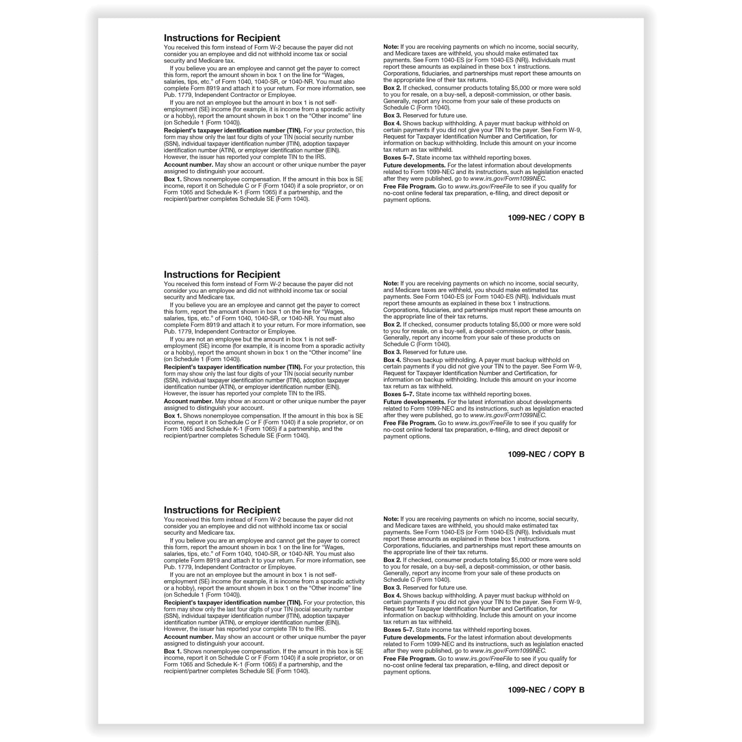 ComplyRight 1099-NEC Blank Tax Forms, 3-Up, Laser, 8-1/2in x 11in, Pack Of 75 Forms - Image 3
