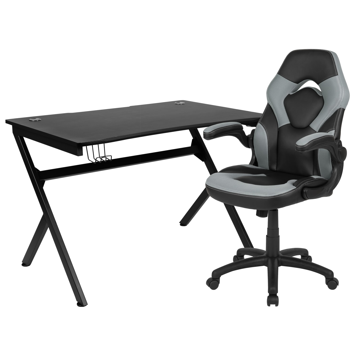 Flash Furniture Gaming Desk And Racing Chair Set With Cup Holder, Headphone Hook & 2 Wire Management Holes, Gray - Image 3