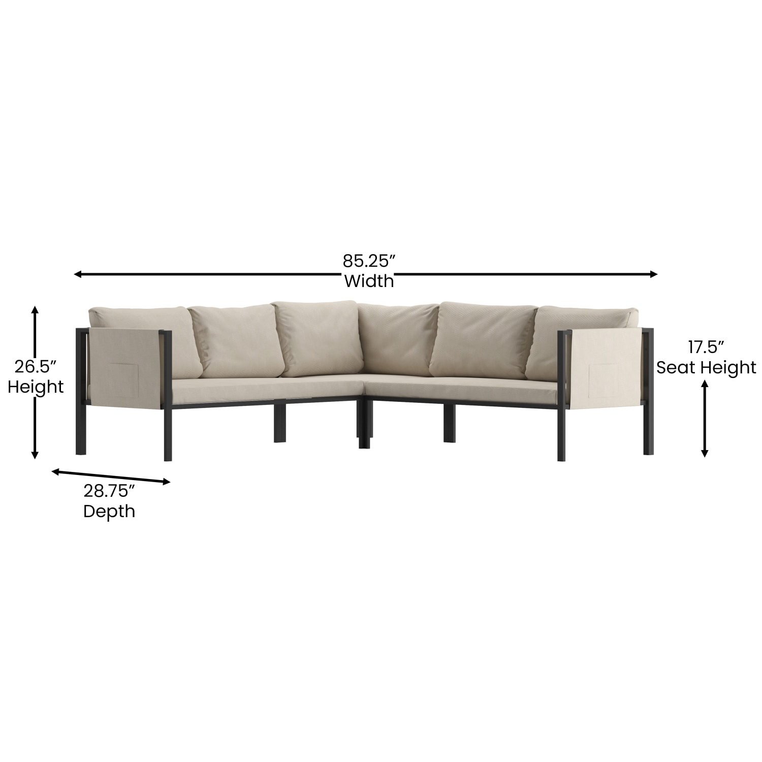 Flash Furniture Lea Steel Indoor/Outdoor Furniture Sectional With Cushions, 26-1/2inH x 85-1/4inW x 85-1/4inD, Beige/Black - Image 6