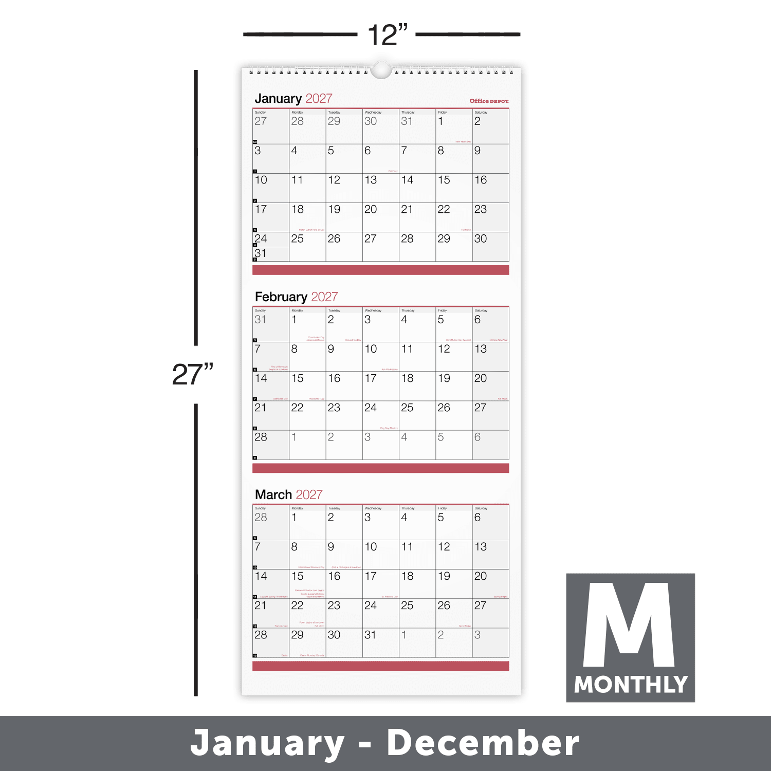 Office Depot Brand 3-Month Monthly Wall Calendar, 12in x 27in, White, January 2027 to December 2027, OD30302827 - Image 3