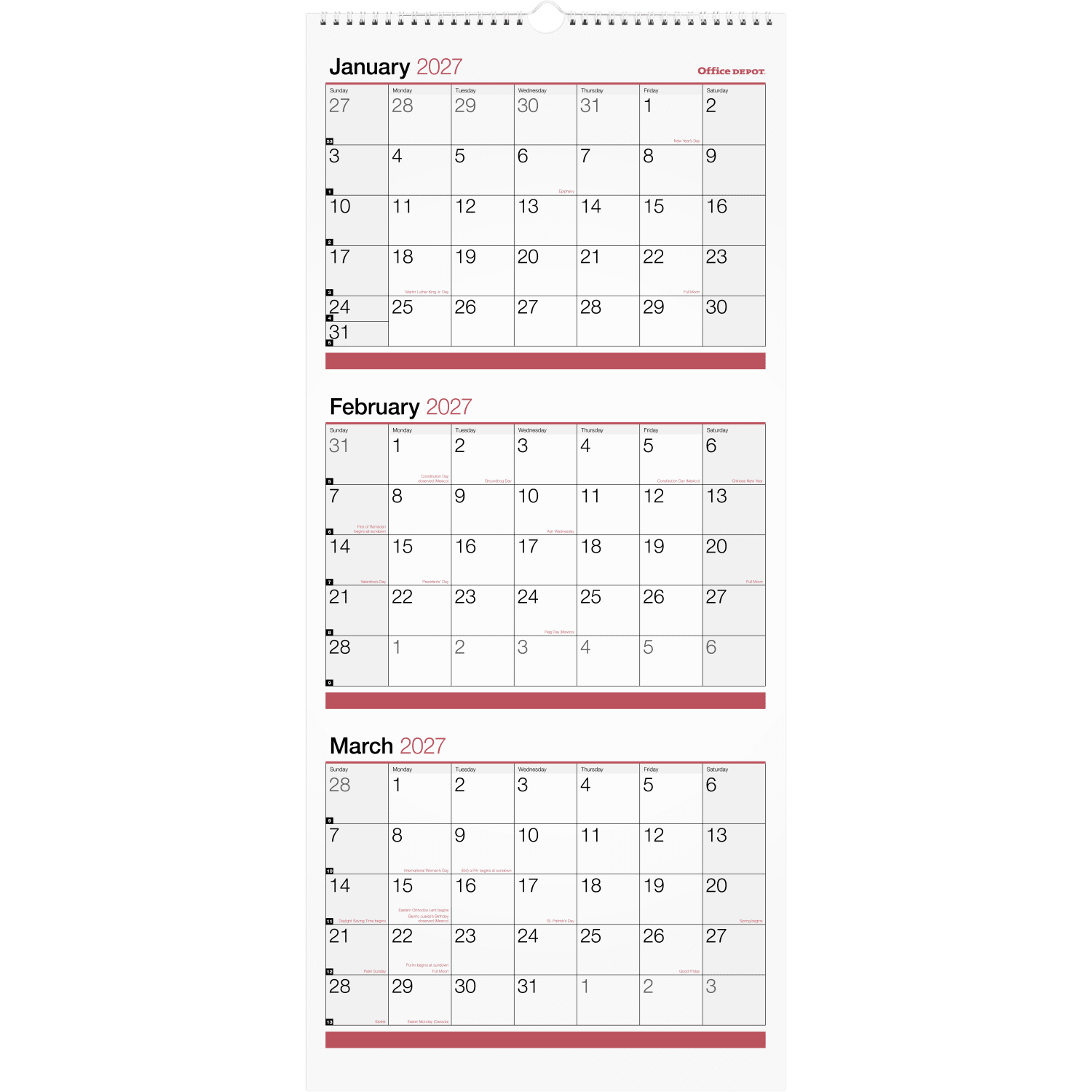 Office Depot Brand 3-Month Monthly Wall Calendar, 12in x 27in, White, January 2027 to December 2027, OD30302827 - Image 4