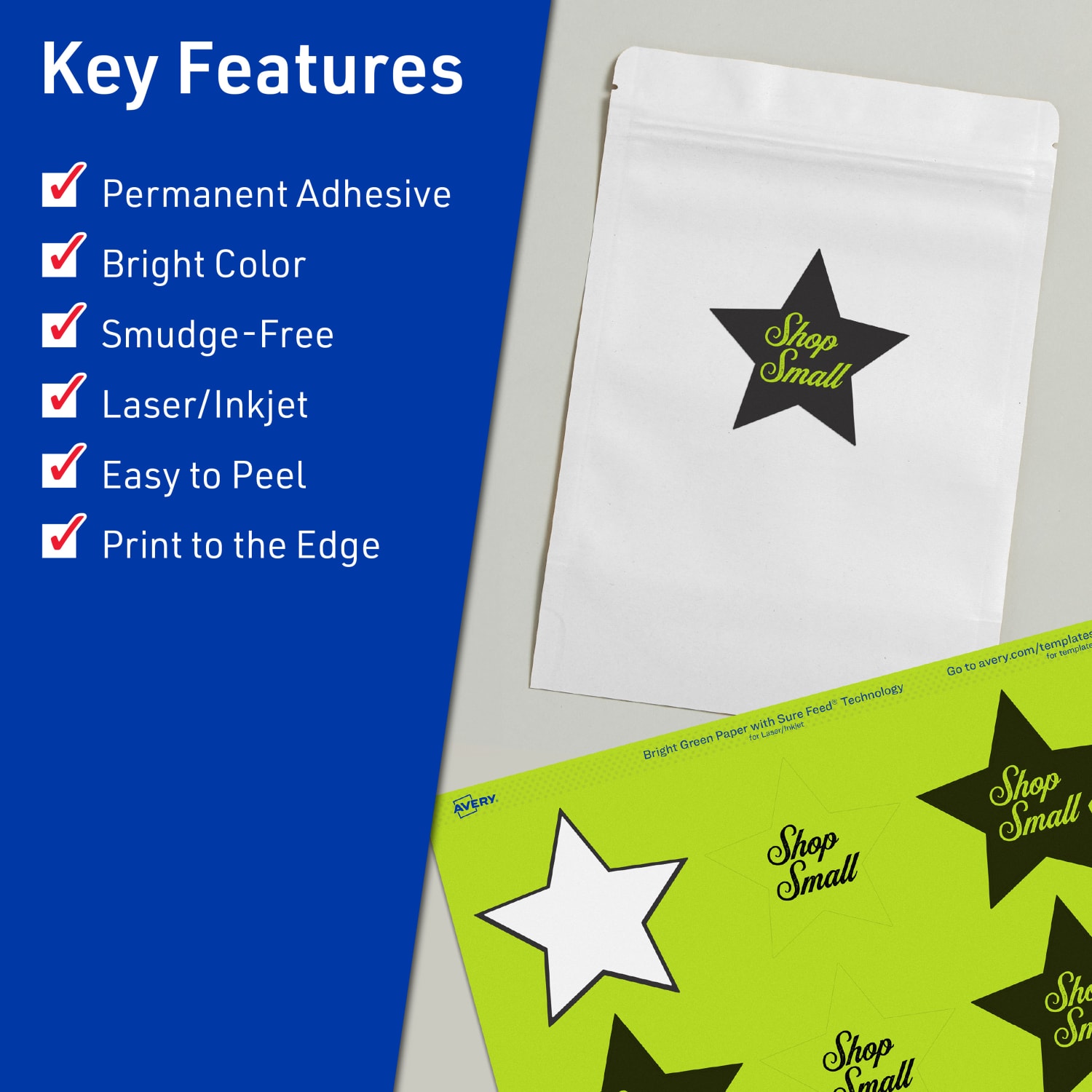 Avery Print-To-The-Edge Labels With Sure Feed Technology, 94611-BGP80, Star, 2-1/4in x 2-3/8in, Matte Bright Green, Pack of 960 - Image 3