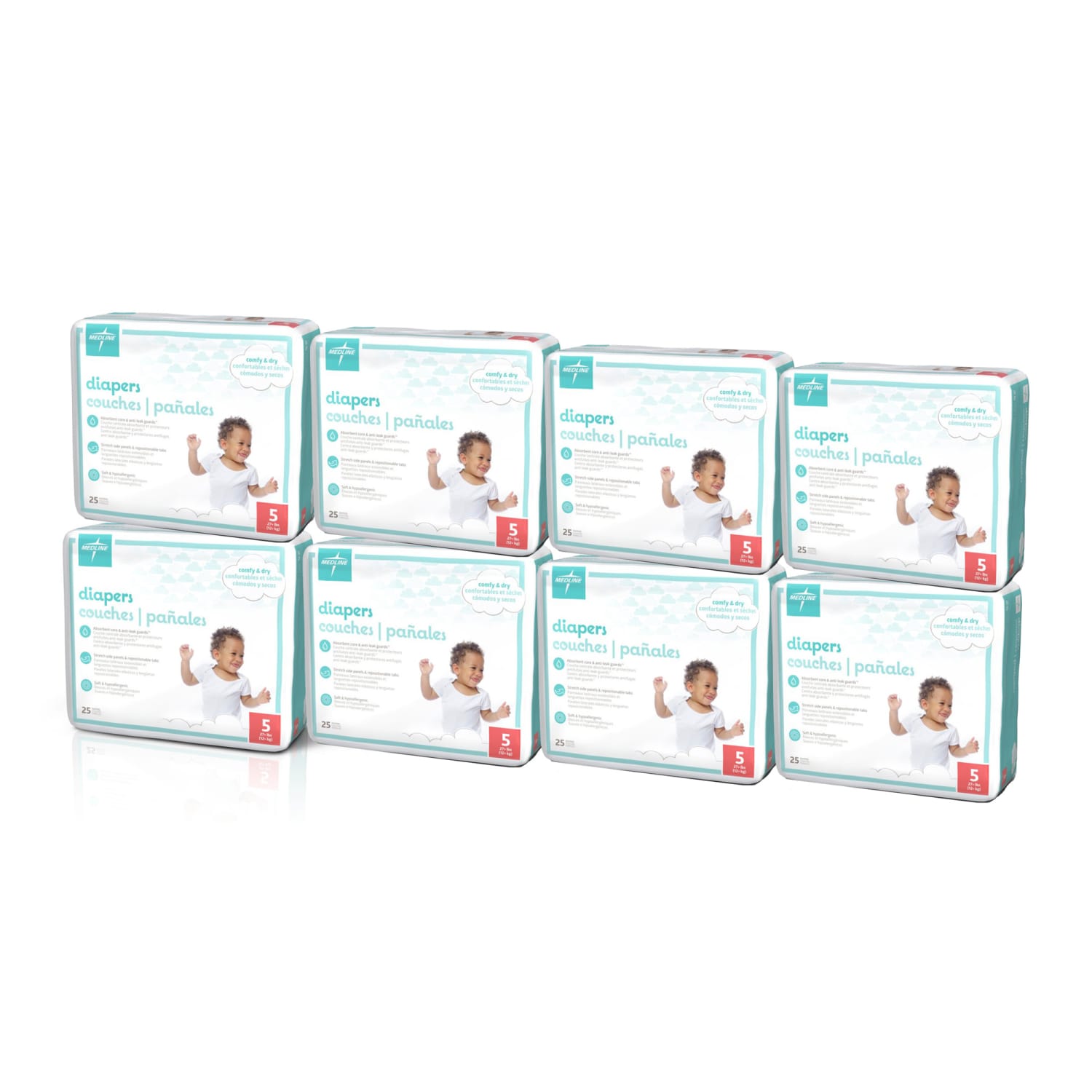 Medline KinderCare Disposable Baby Diapers, Size 5, 27+ Lb, White, 25 Diapers Per Pack, Case Of 8 Packs