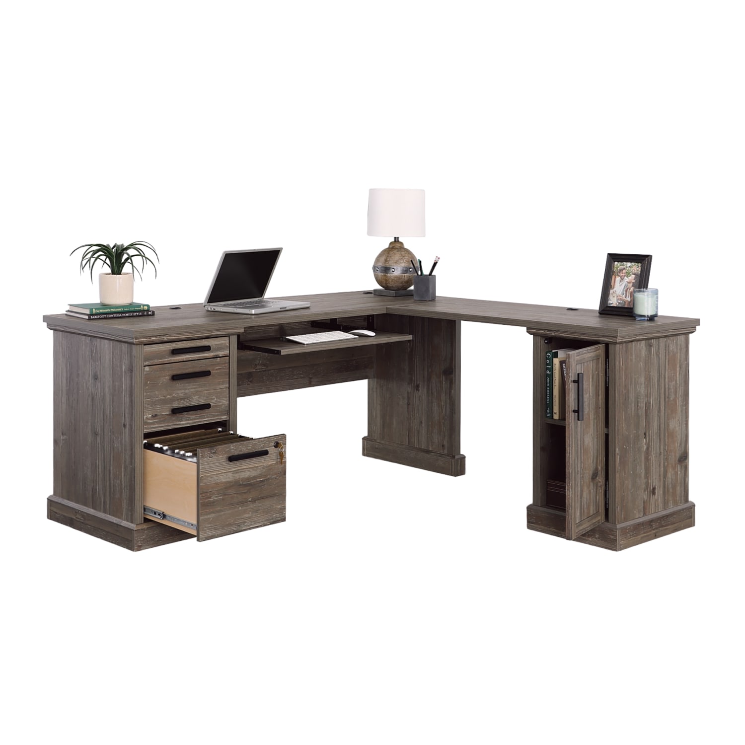 Sauder Aspen Post 66inW L-Computer Desk With Filing Drawer And Keyboard Shelf, Pebble Pine - Image 3