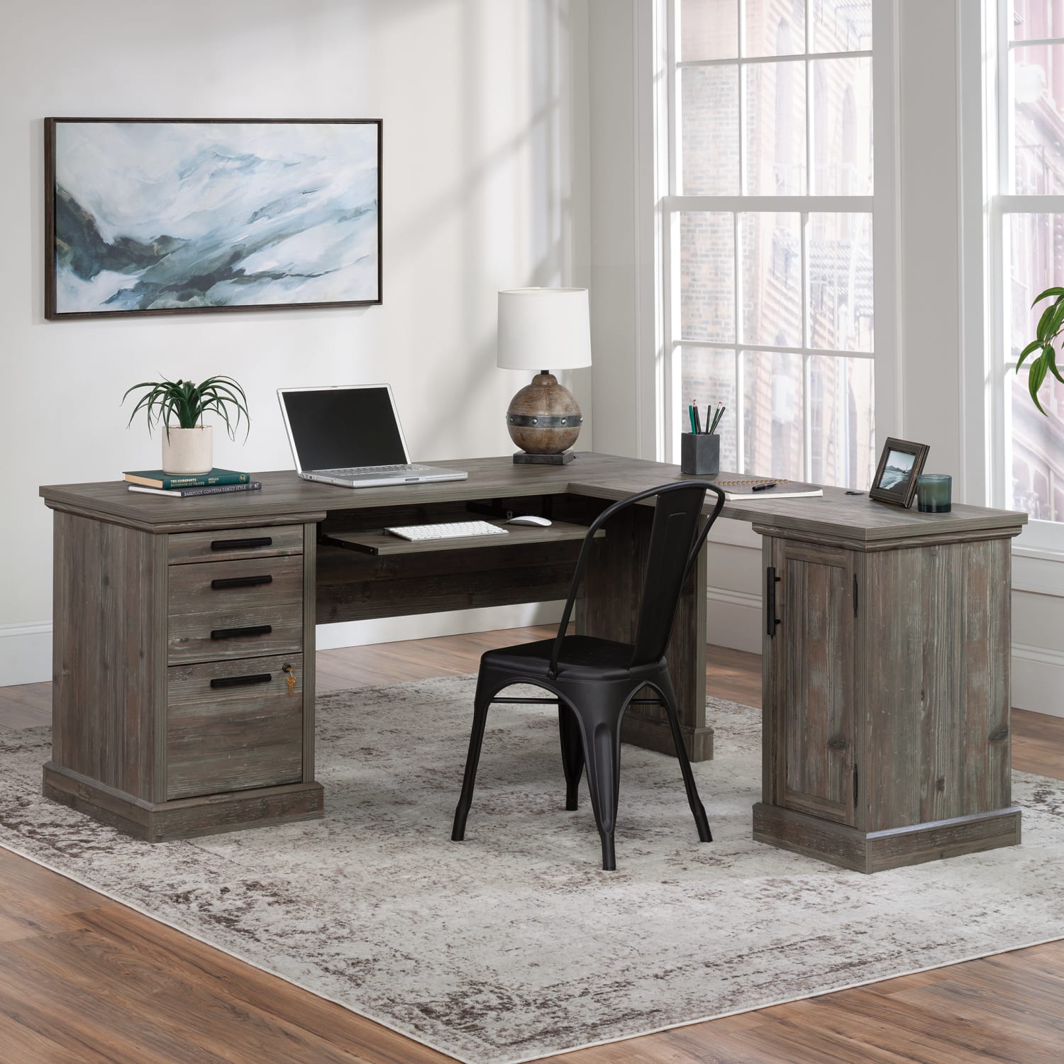 Sauder Aspen Post 66inW L-Computer Desk With Filing Drawer And Keyboard Shelf, Pebble Pine - Image 5