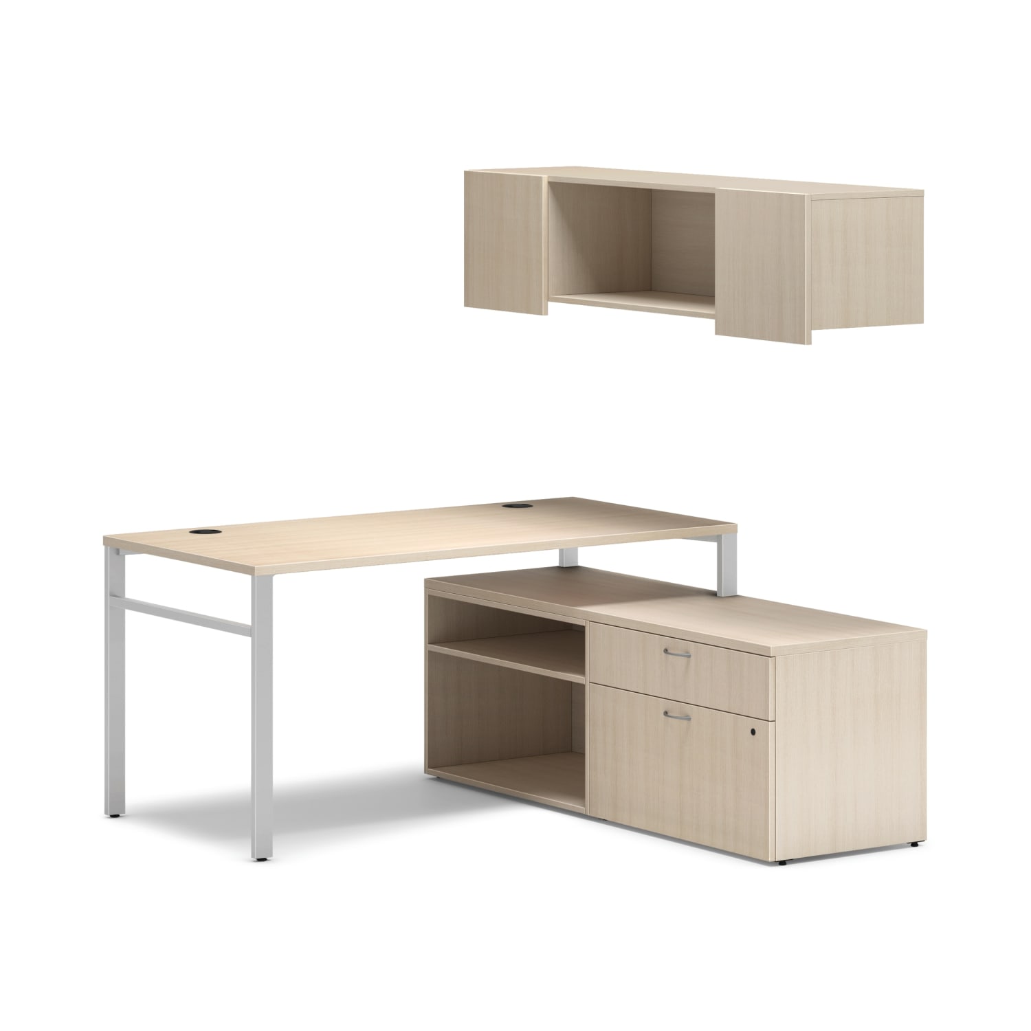 HON Mod Workstation With Wall Mount Storage And 2 Storage Credenzas, Desert Oak/Silver