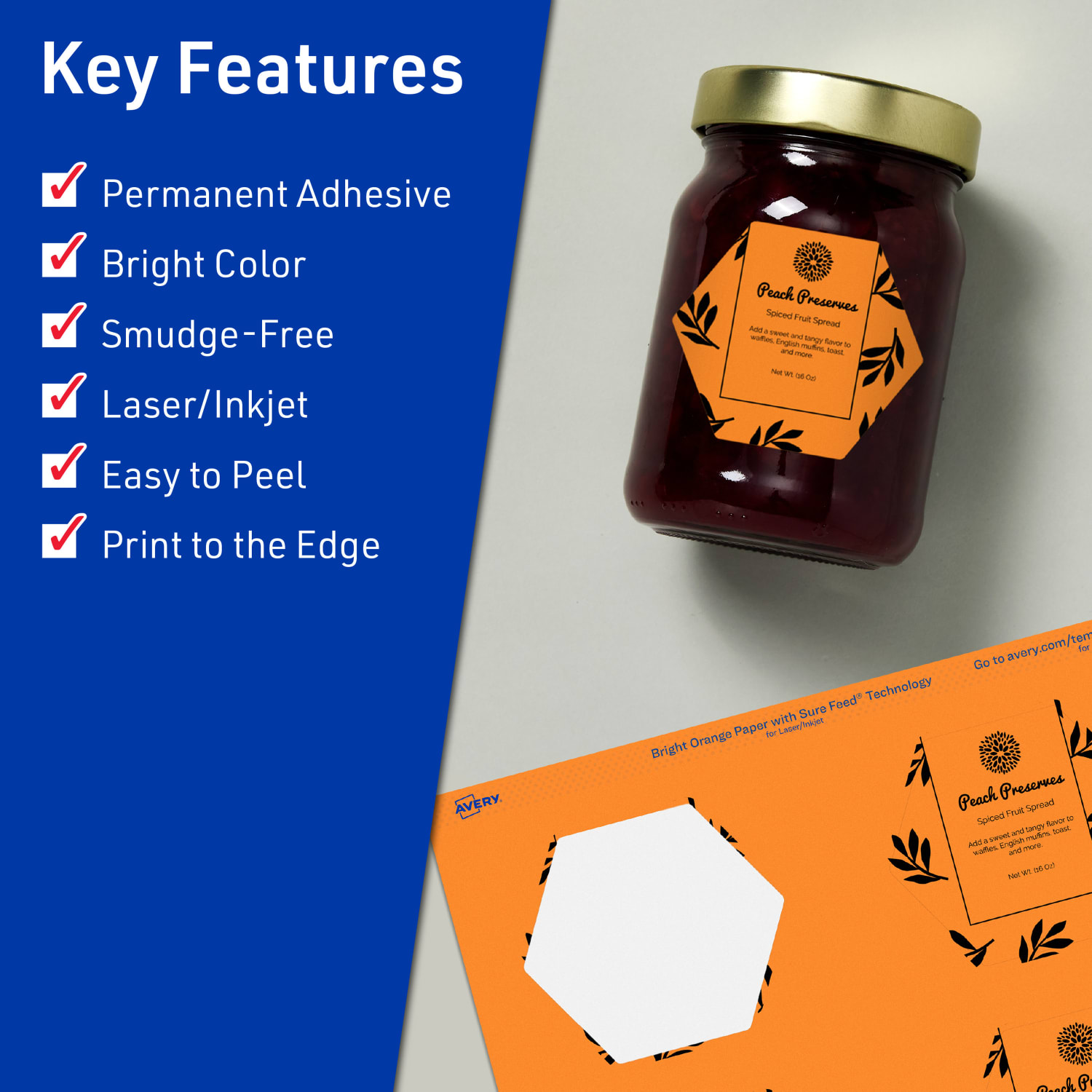 Avery Print-To-The-Edge Labels With Sure Feed Technology, 94121-BOP40, Hexagon, 2-1/2in x 2-57/64in, Matte Bright Orange, Pack of 240 - Image 3